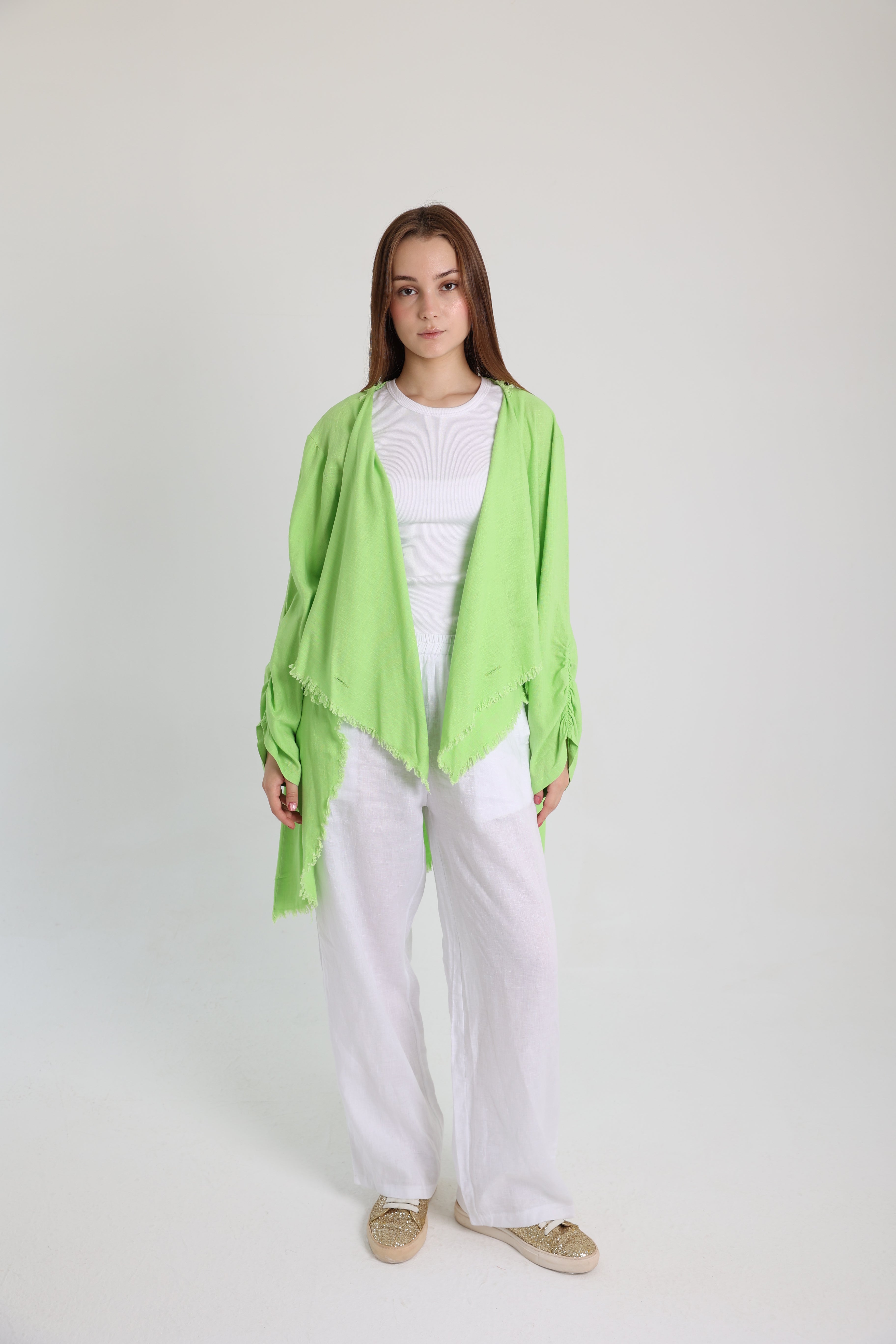 Lime green high-low croise buttoned cardigan