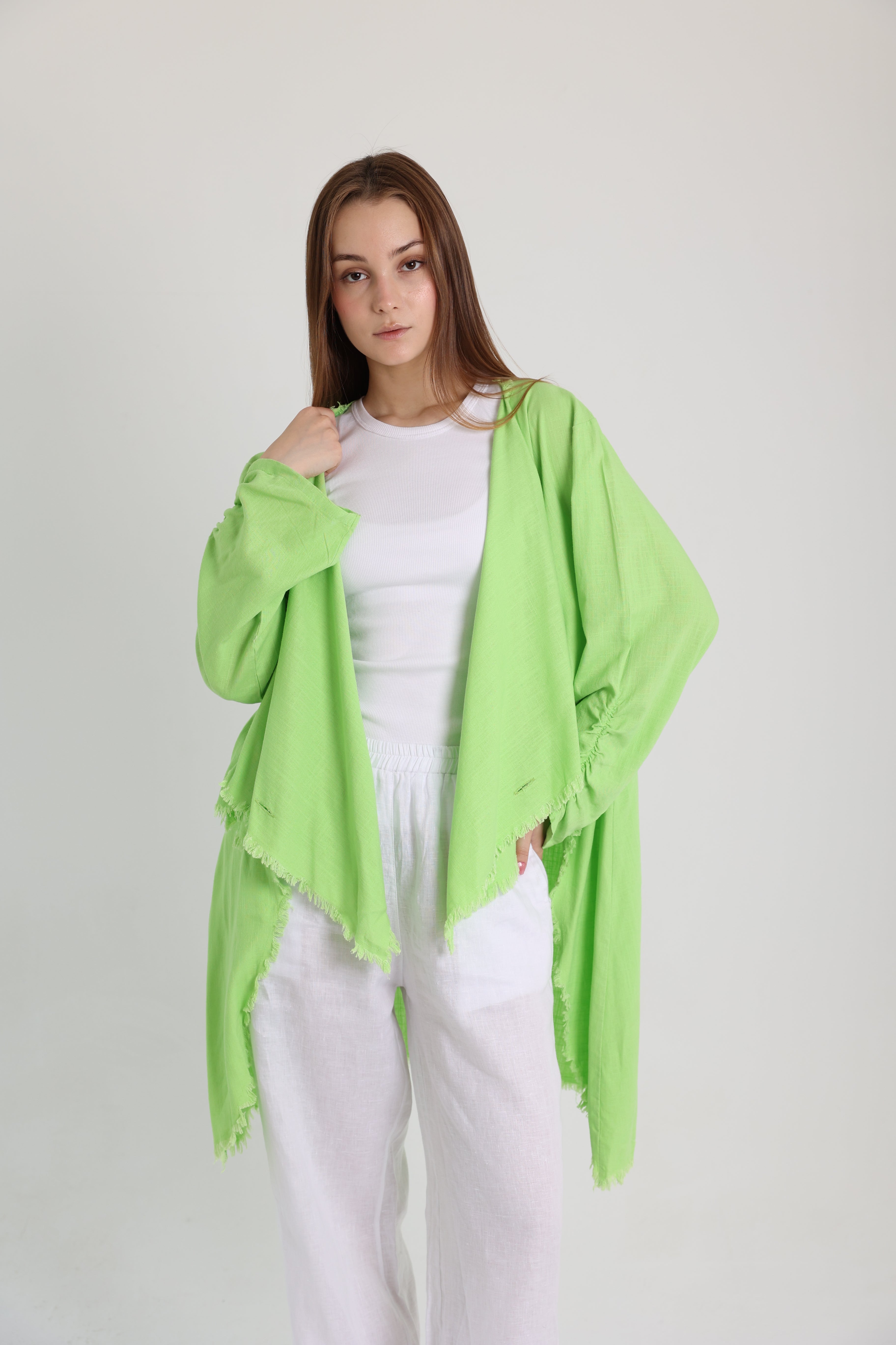 Lime green high-low croise buttoned cardigan