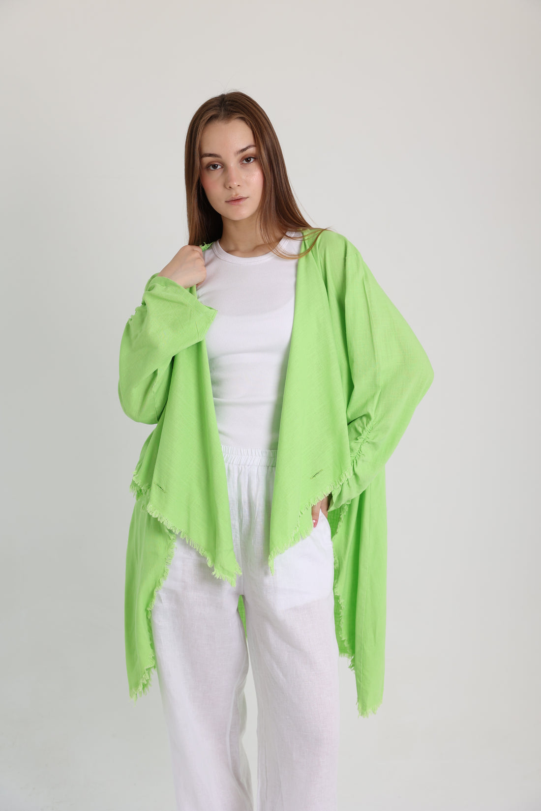 Lime green high-low croise buttoned cardigan