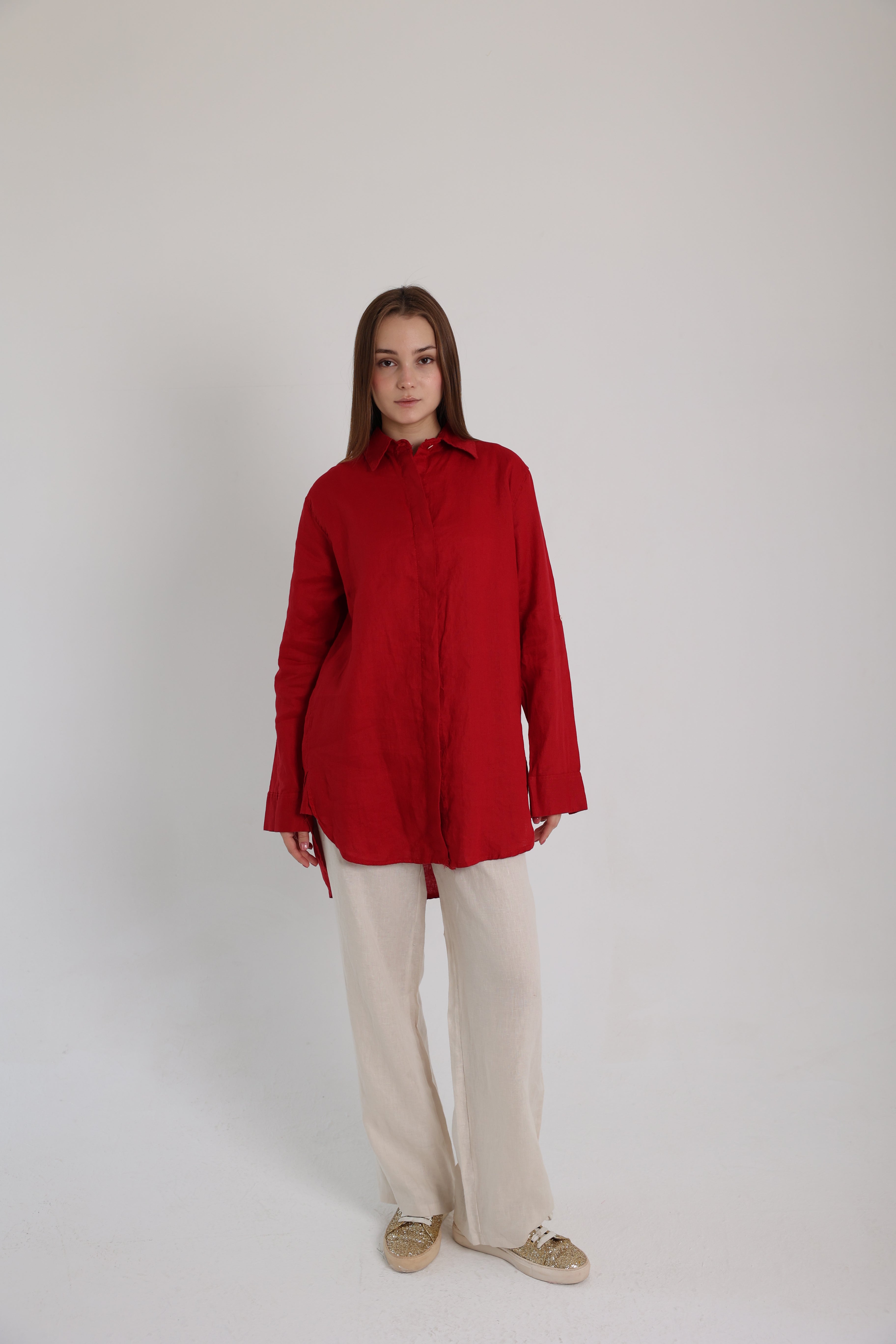 Red Basic Linen Shirt