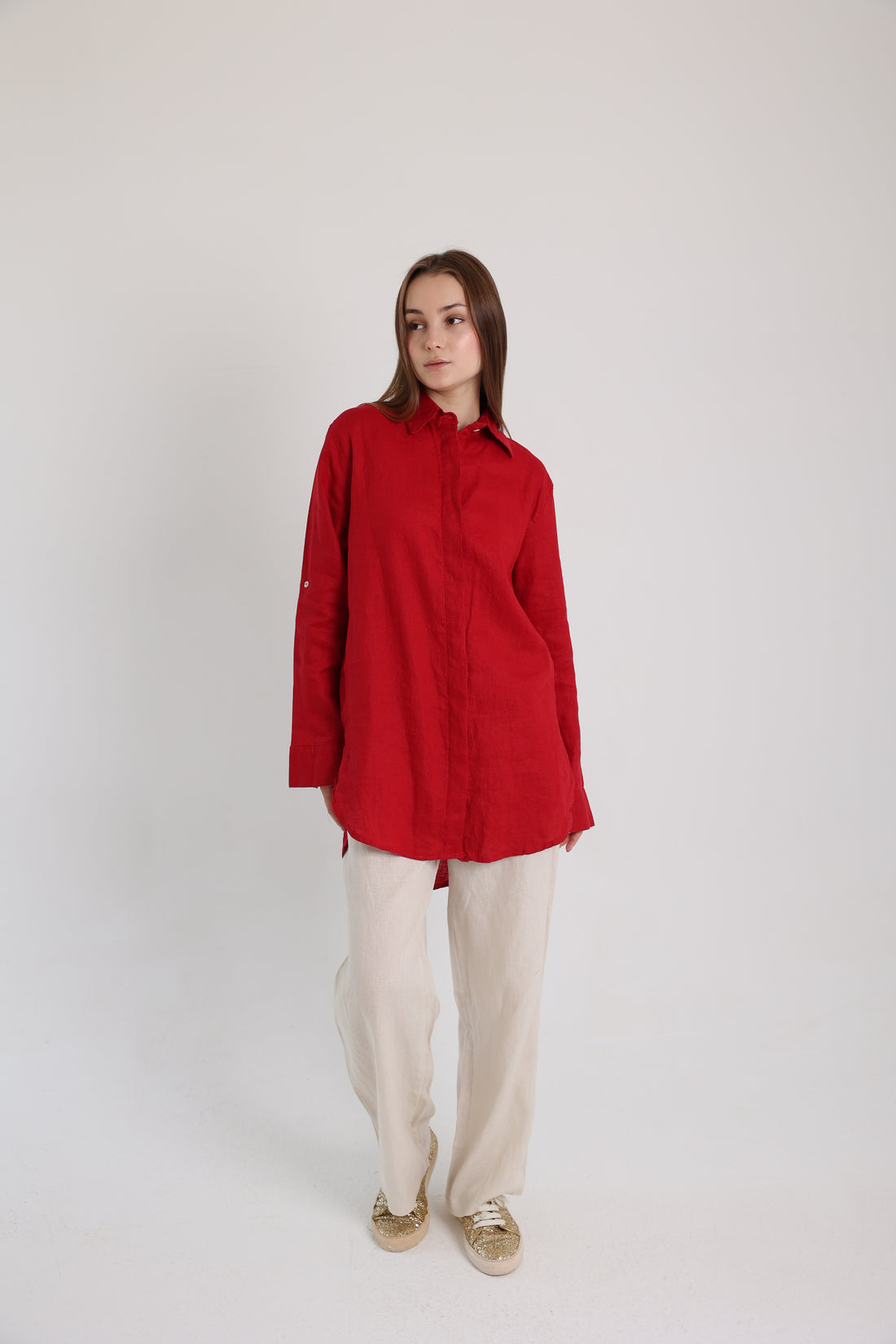 Red Basic Linen Shirt