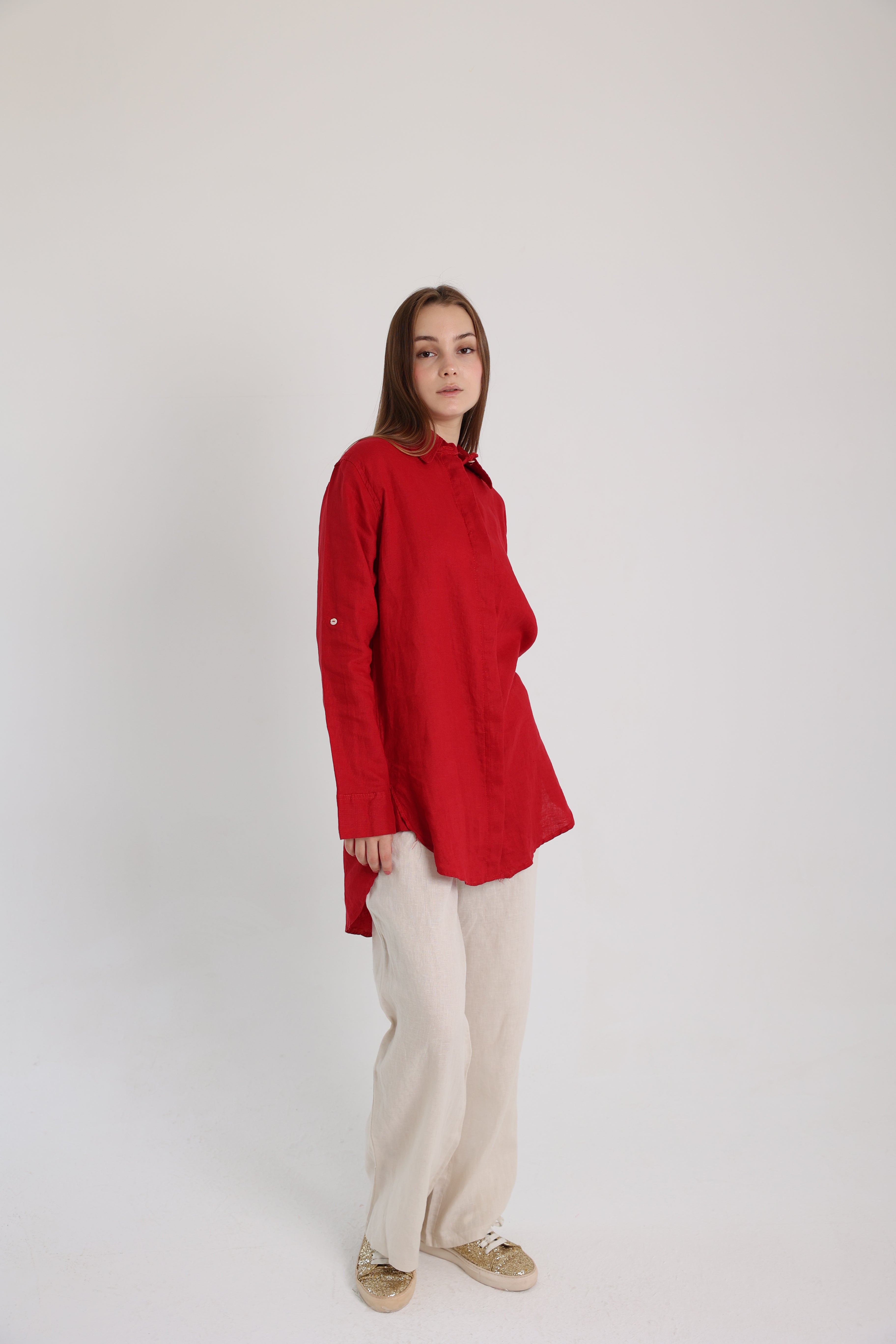 Red Basic Linen Shirt