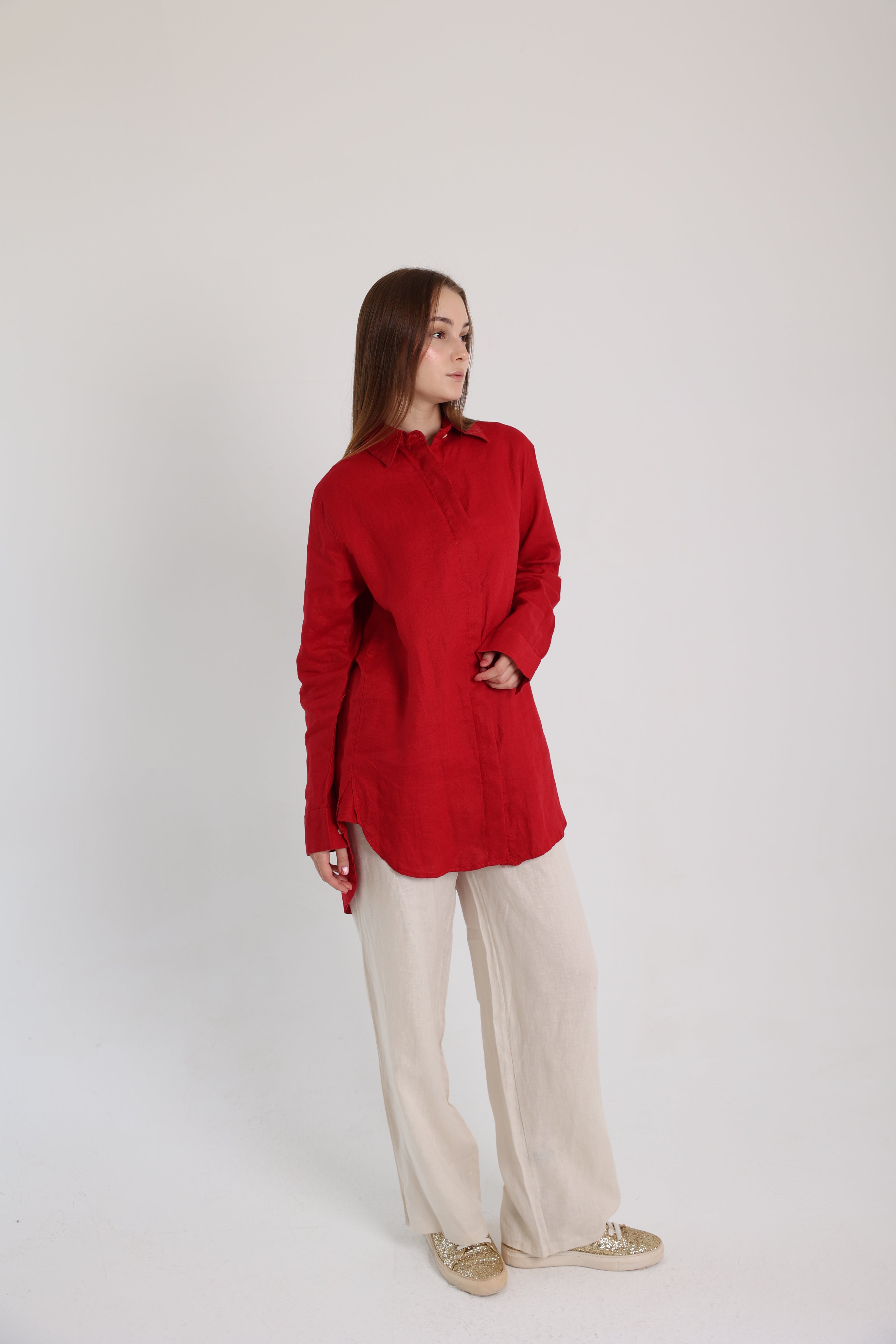 Red Basic Linen Shirt