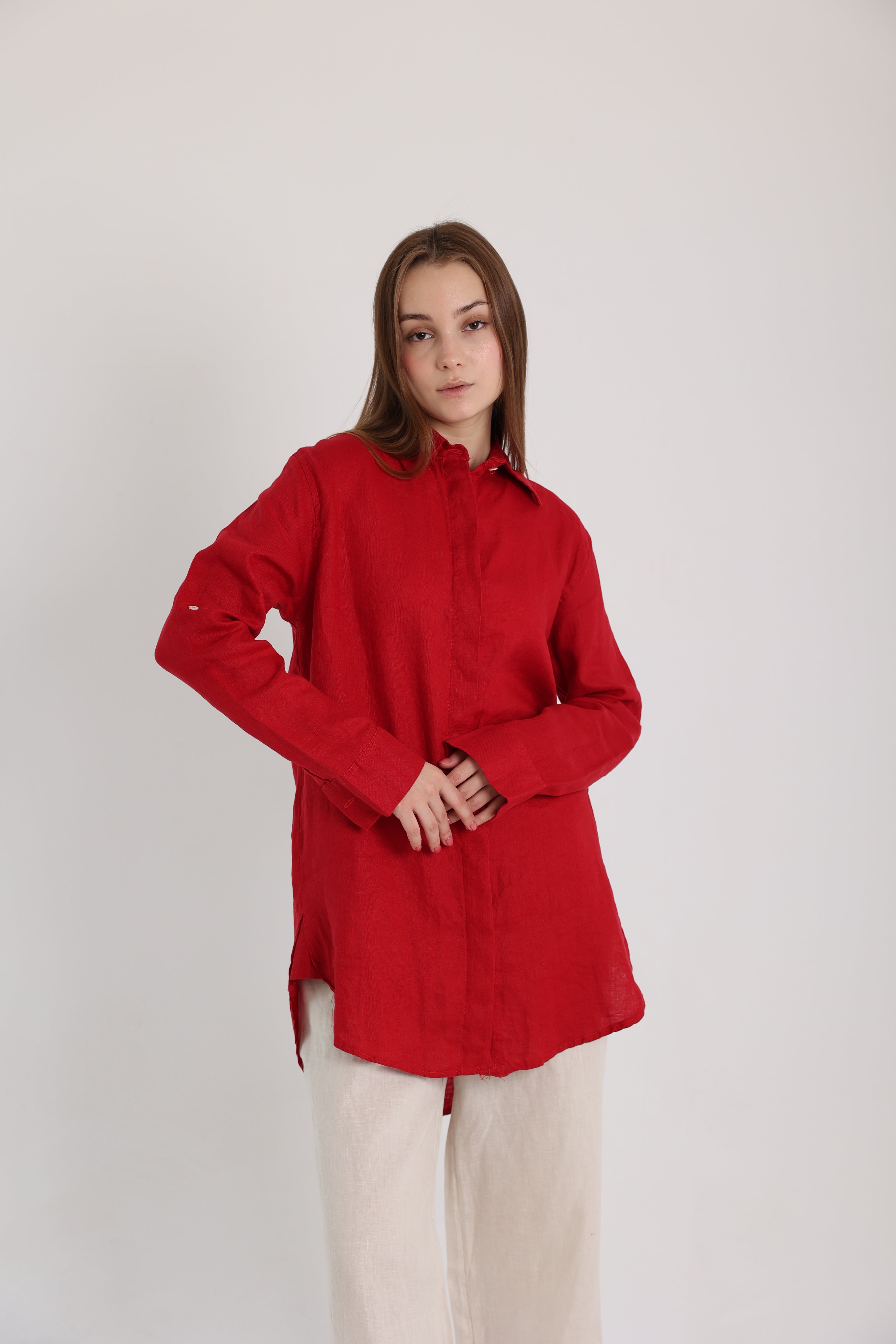 Red Basic Linen Shirt