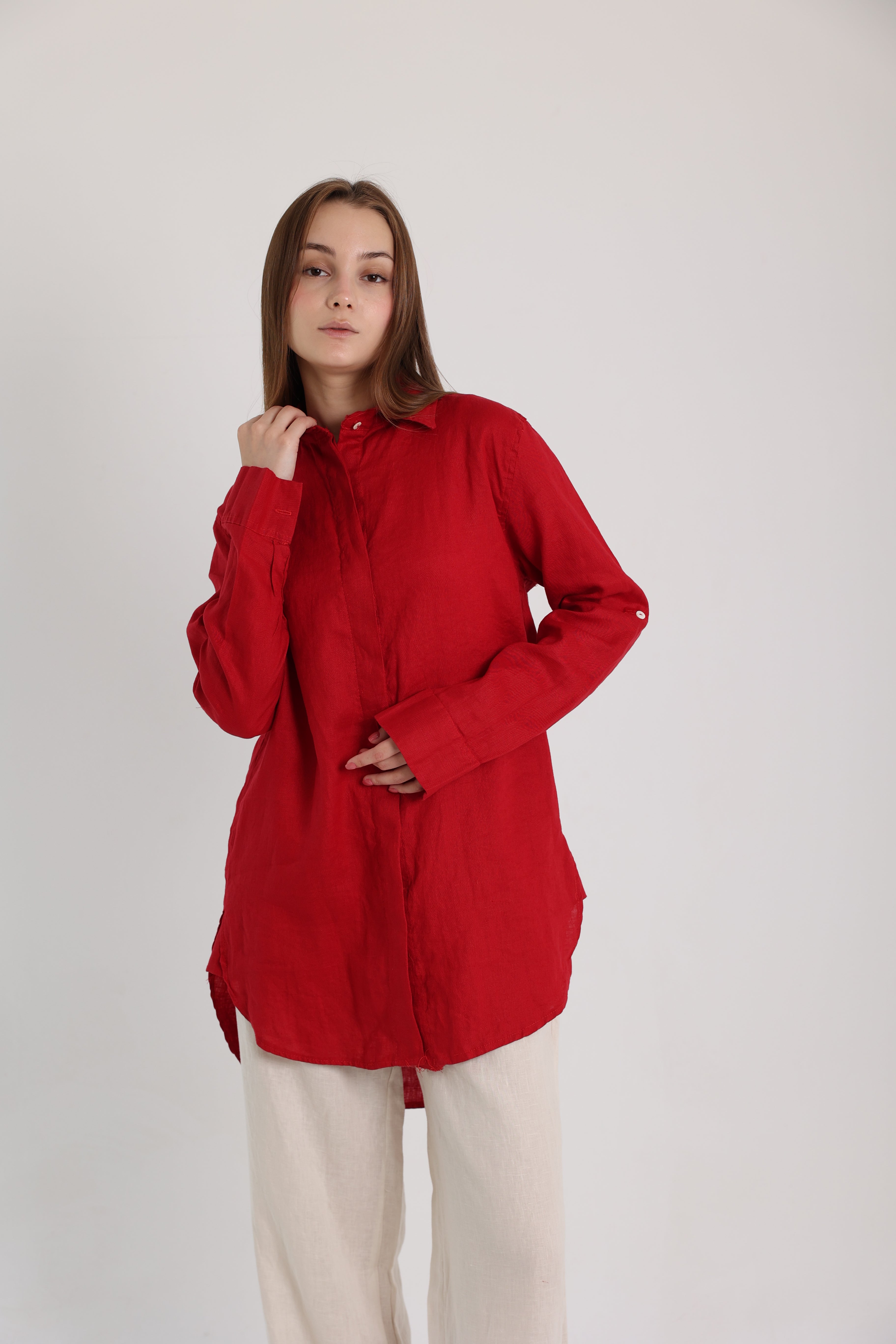 Red Basic Linen Shirt