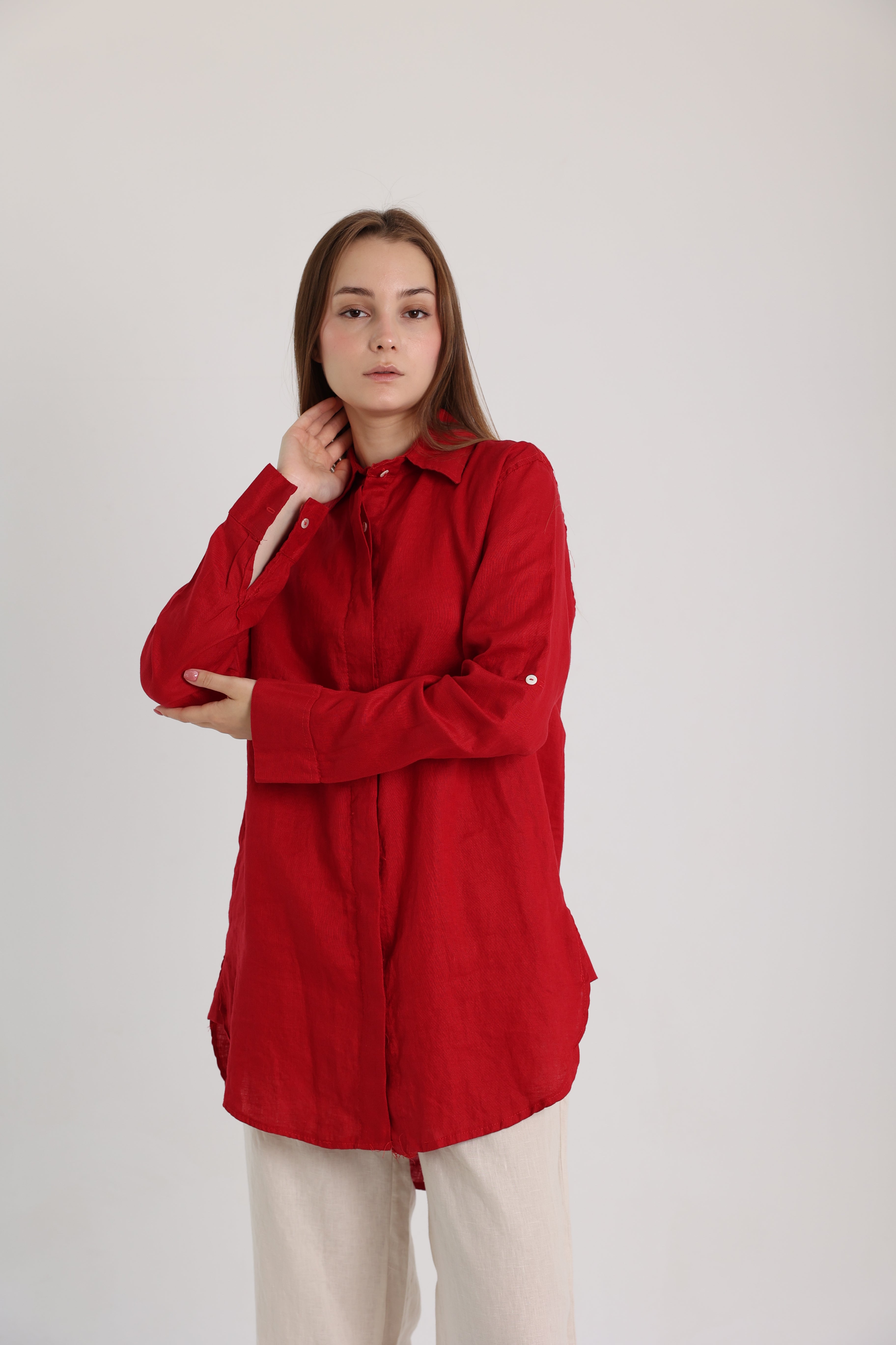 Red Basic Linen Shirt