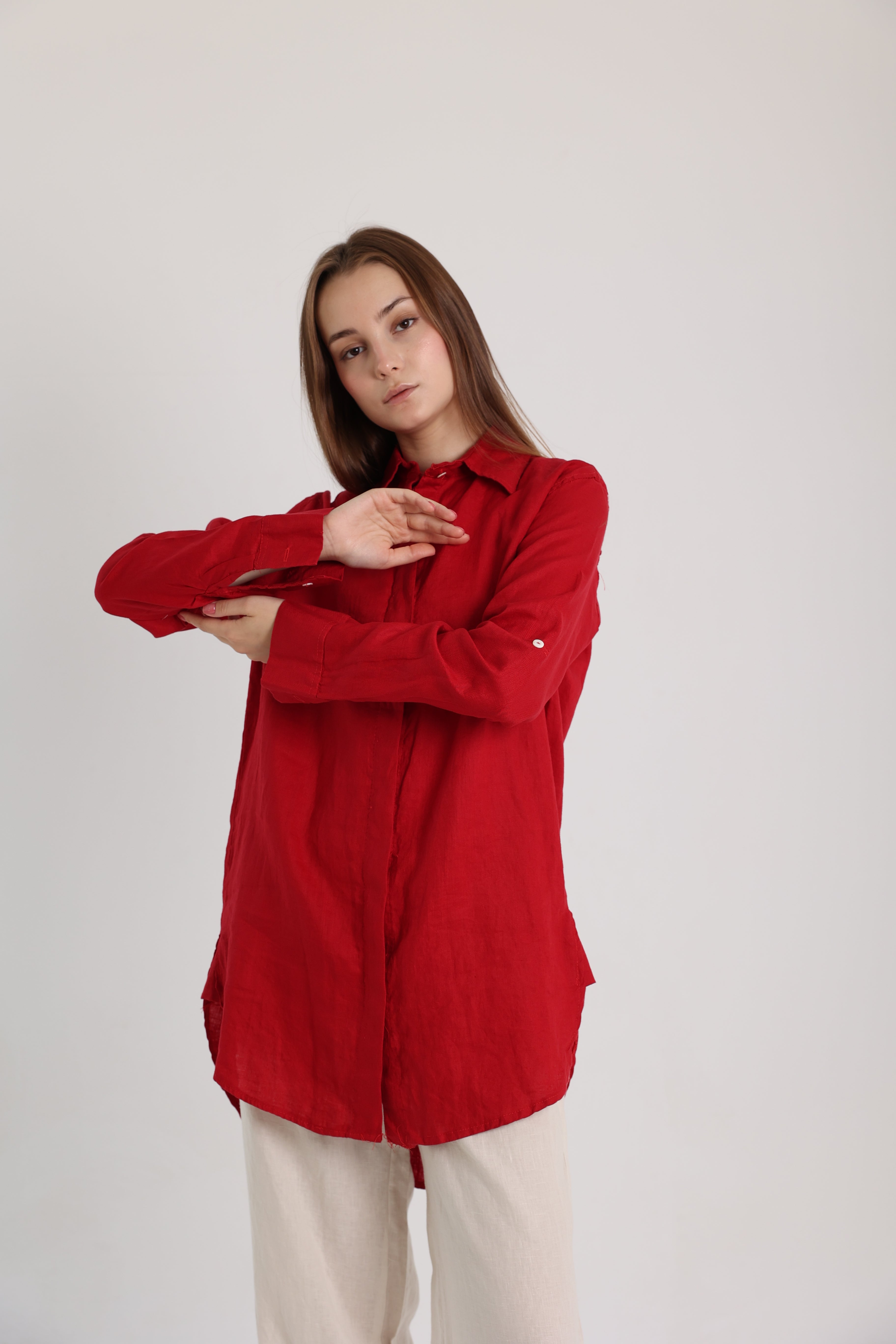 Red Basic Linen Shirt