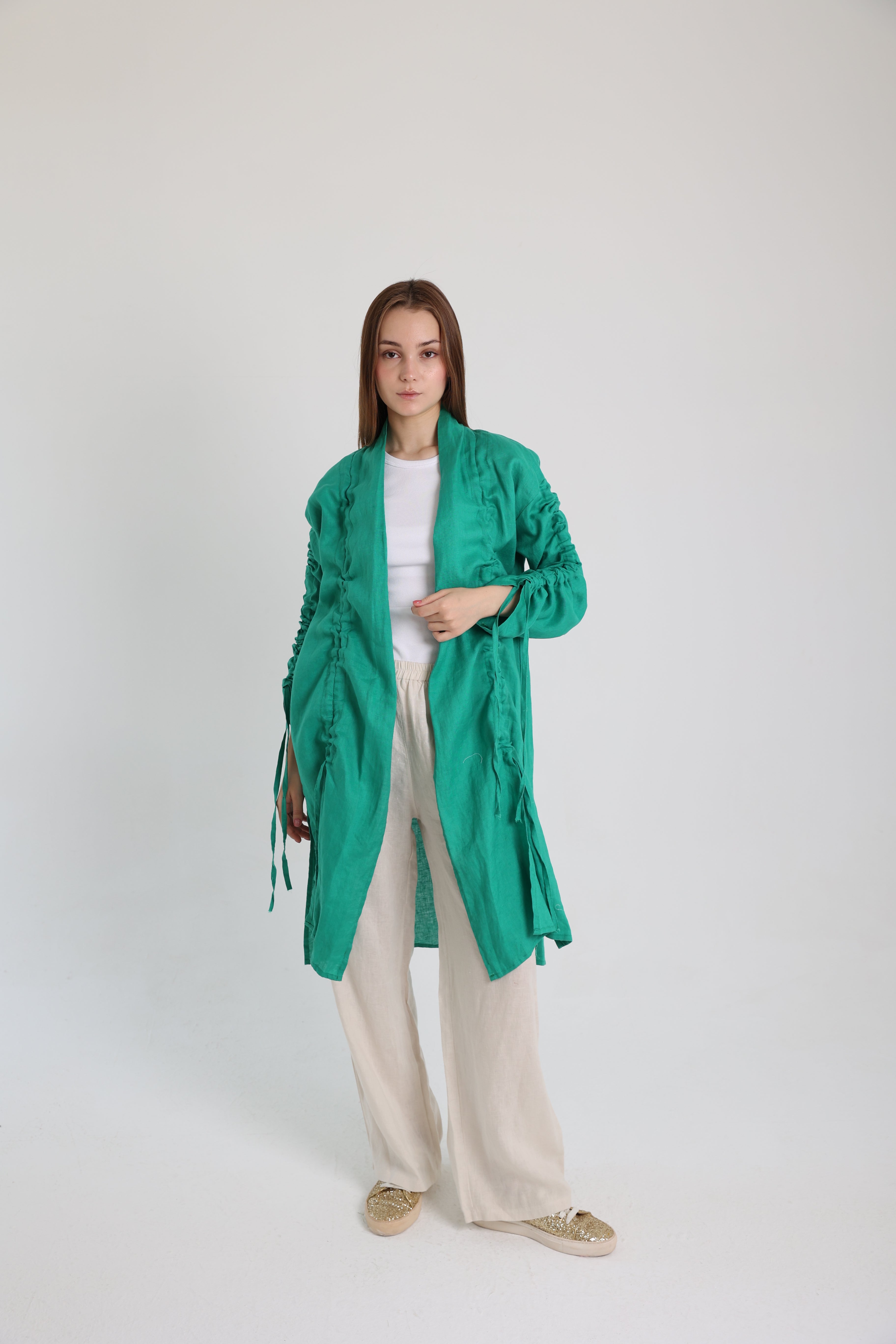 Green Linen Cardigan With Belts