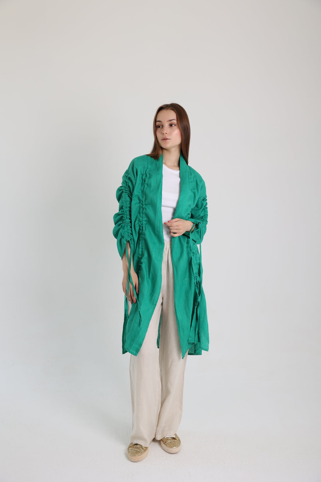 Green Linen Cardigan With Belts