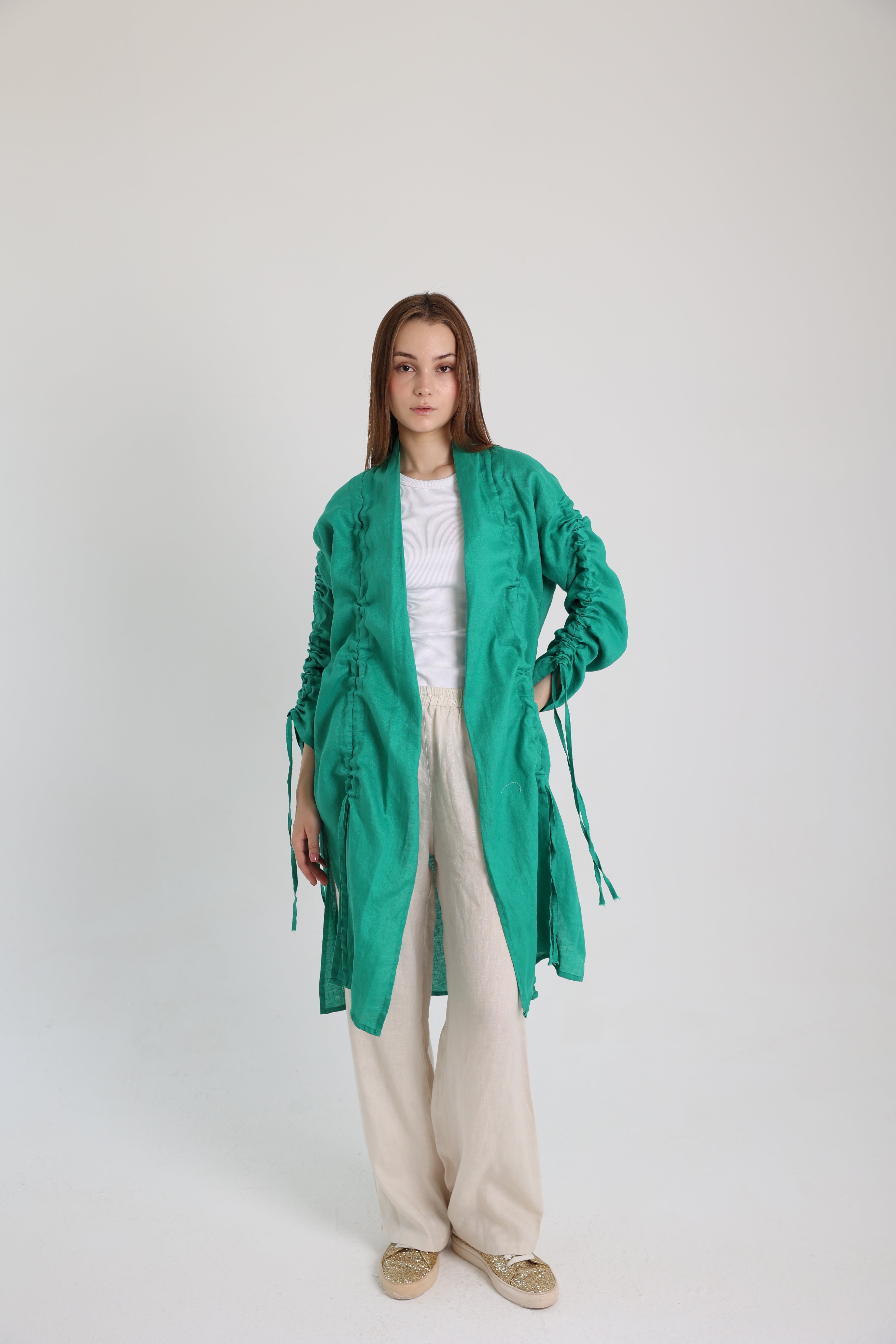 Green Linen Cardigan With Belts