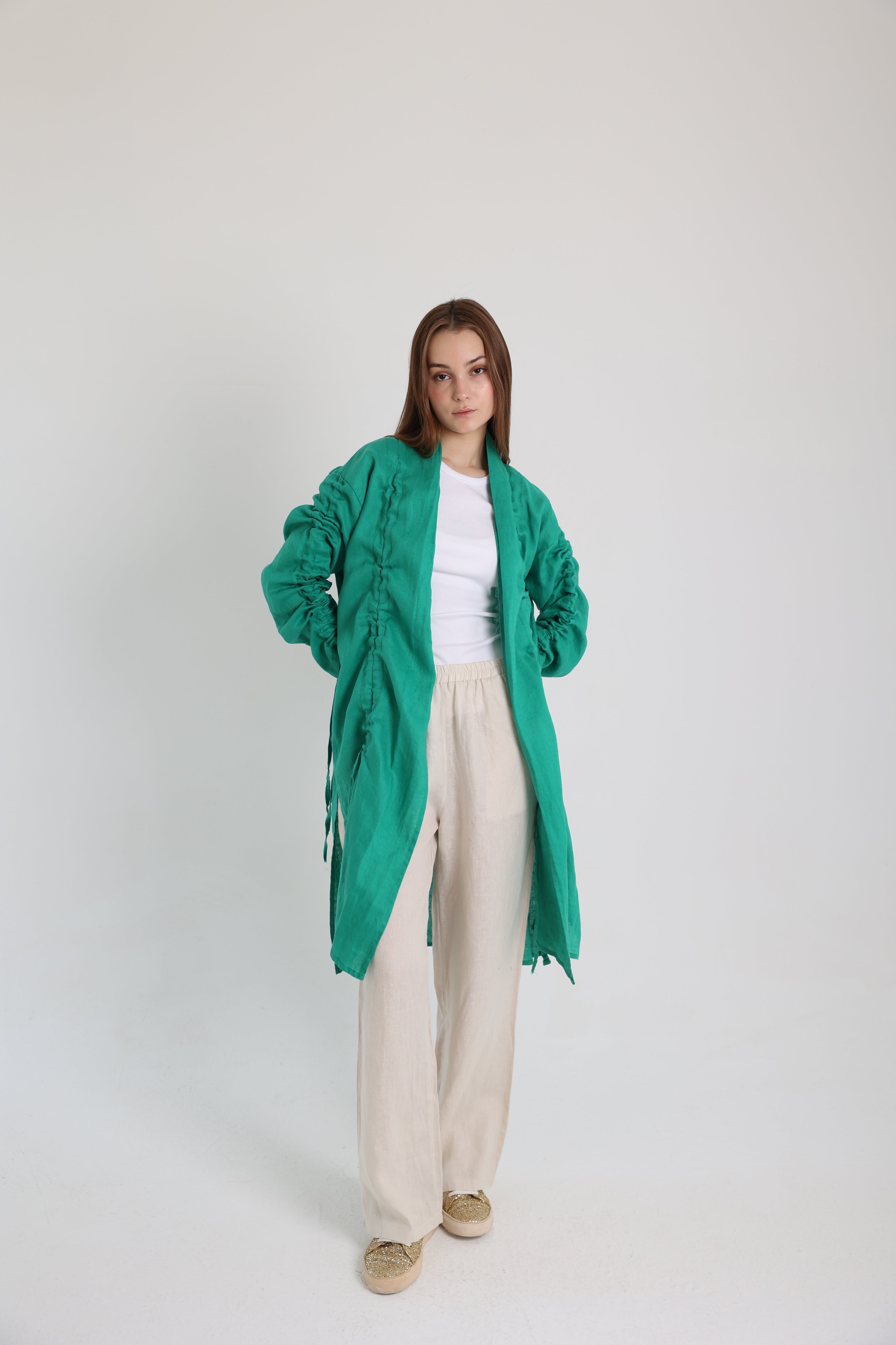 Green Linen Cardigan With Belts
