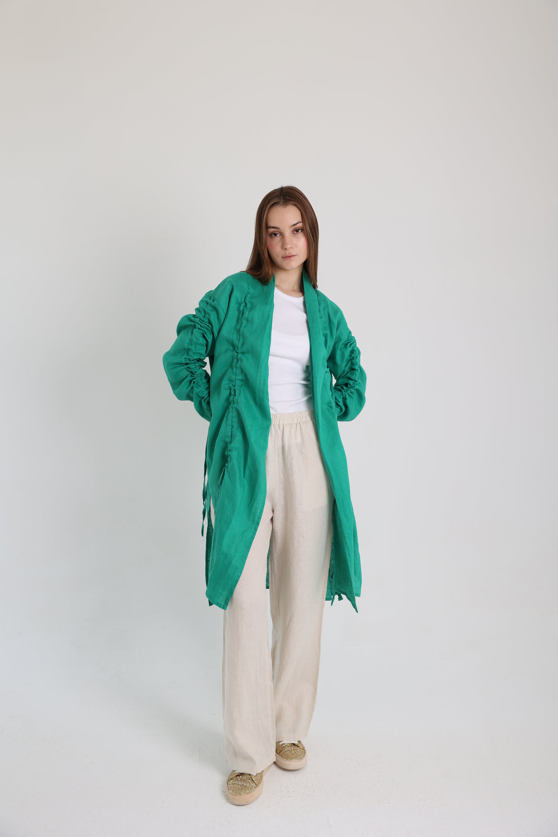 Green Linen Cardigan With Belts