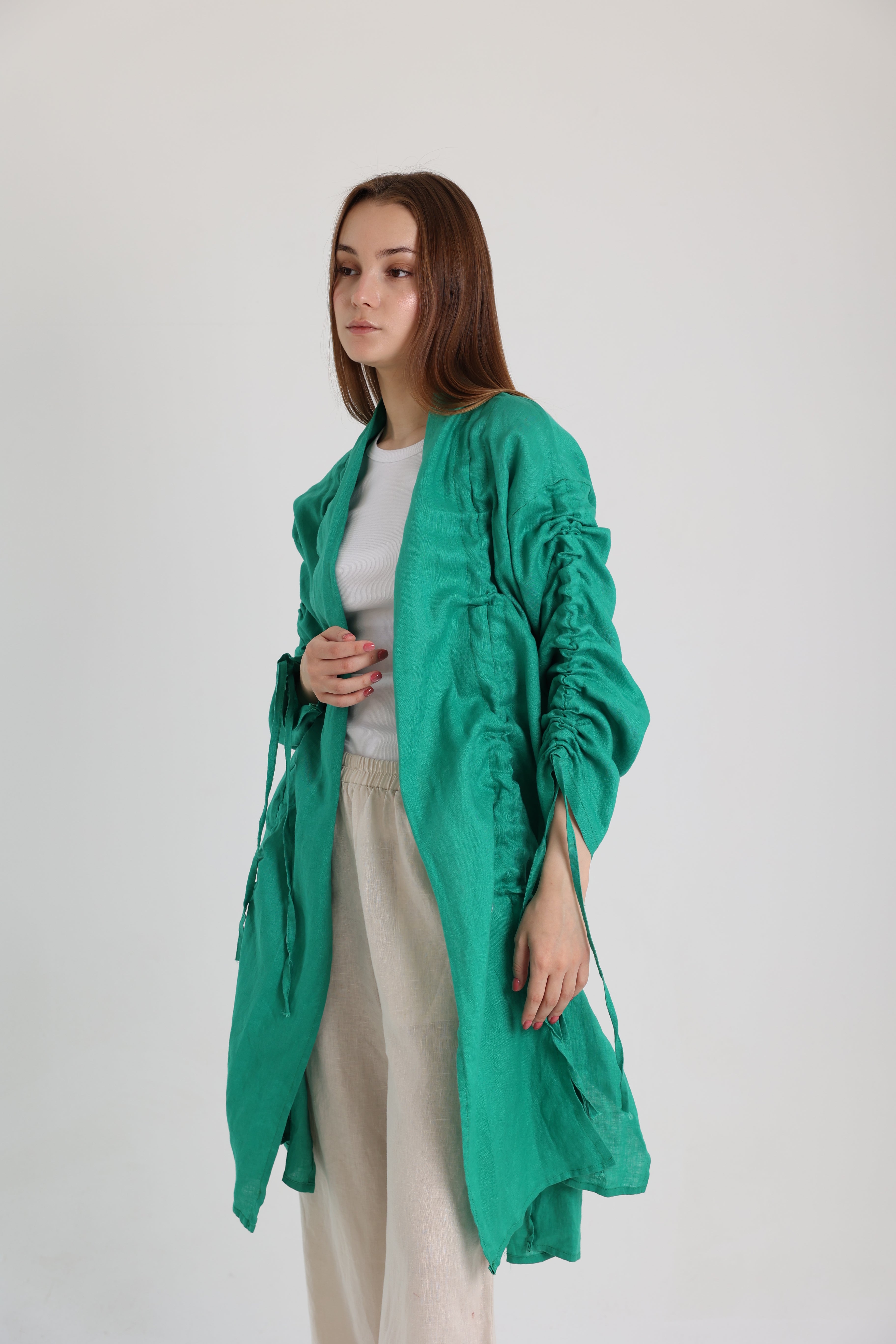 Green Linen Cardigan With Belts