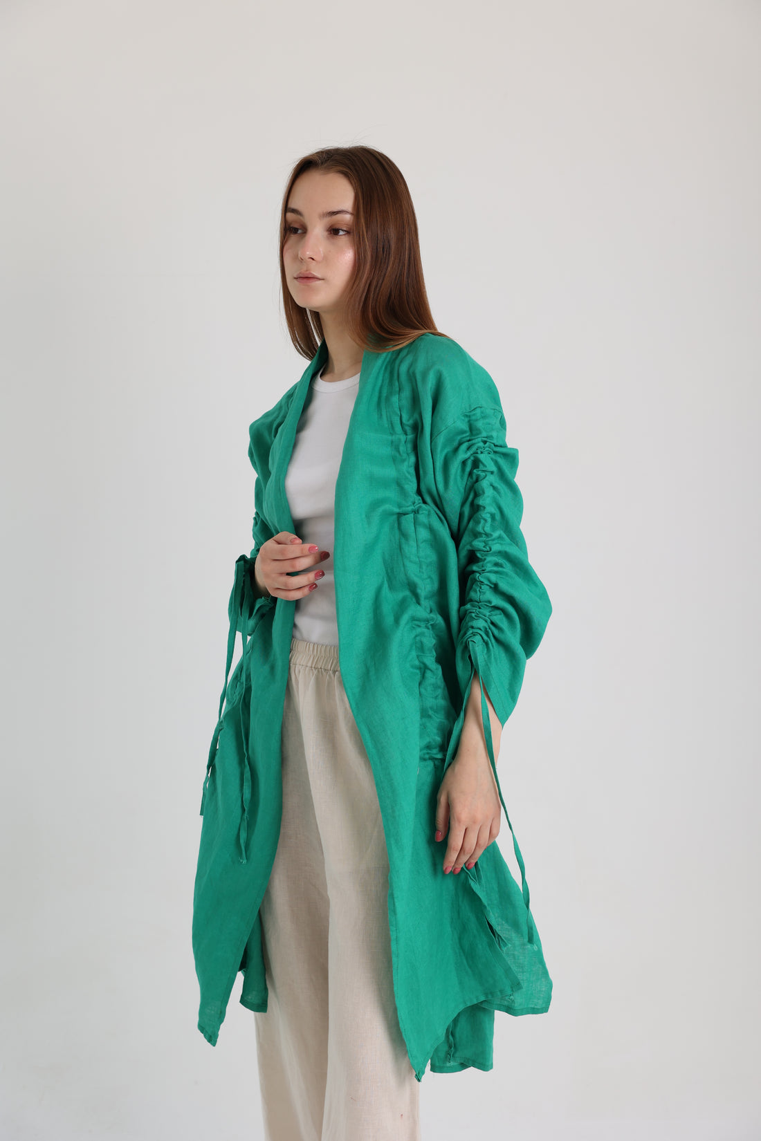 Green Linen Cardigan With Belts