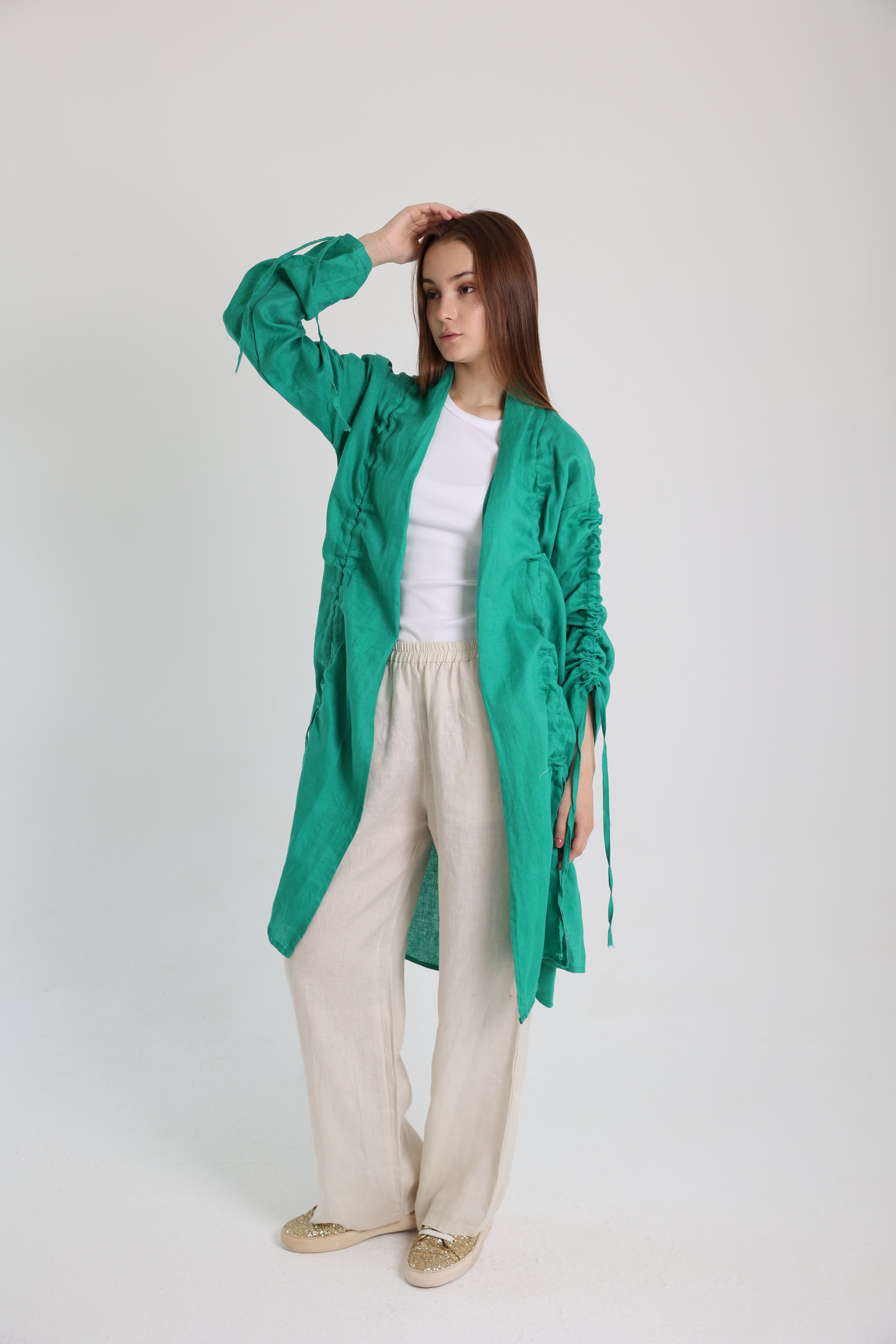 Green Linen Cardigan With Belts