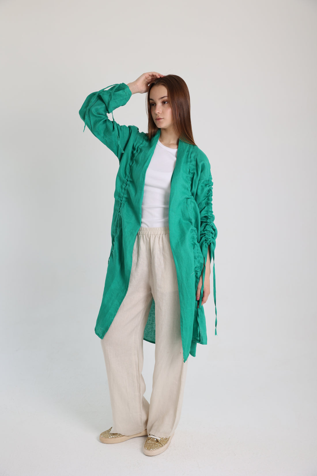 Green Linen Cardigan With Belts
