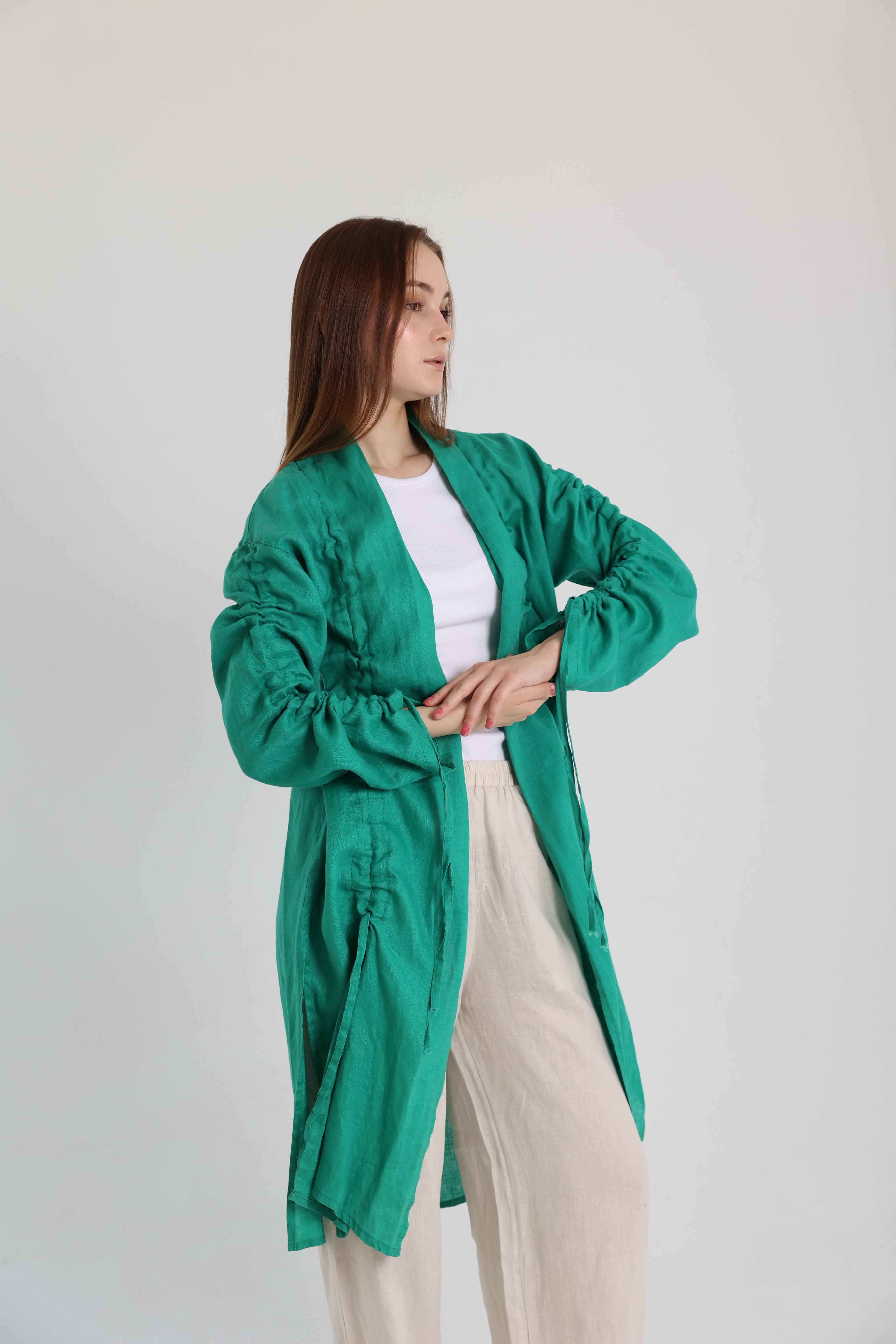 Green linen cardigan with belts