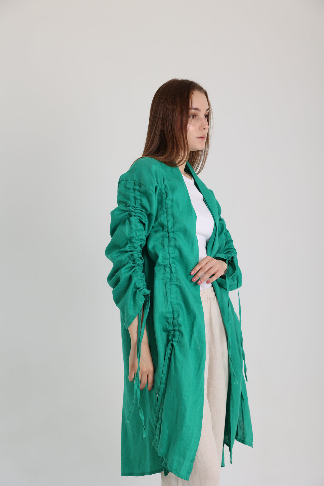 Green Linen Cardigan With Belts