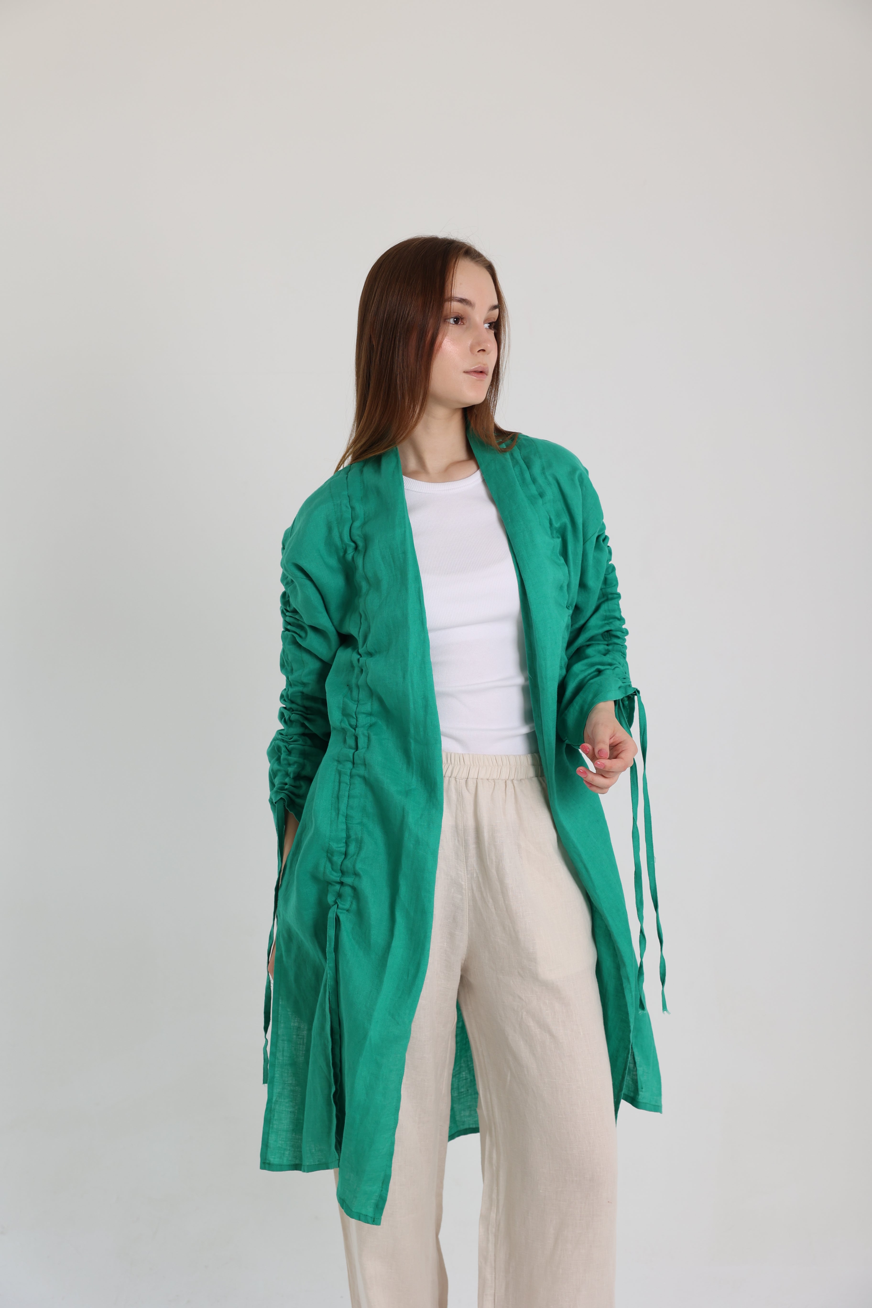 Green Linen Cardigan With Belts