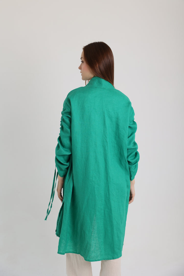 Green linen cardigan with belts