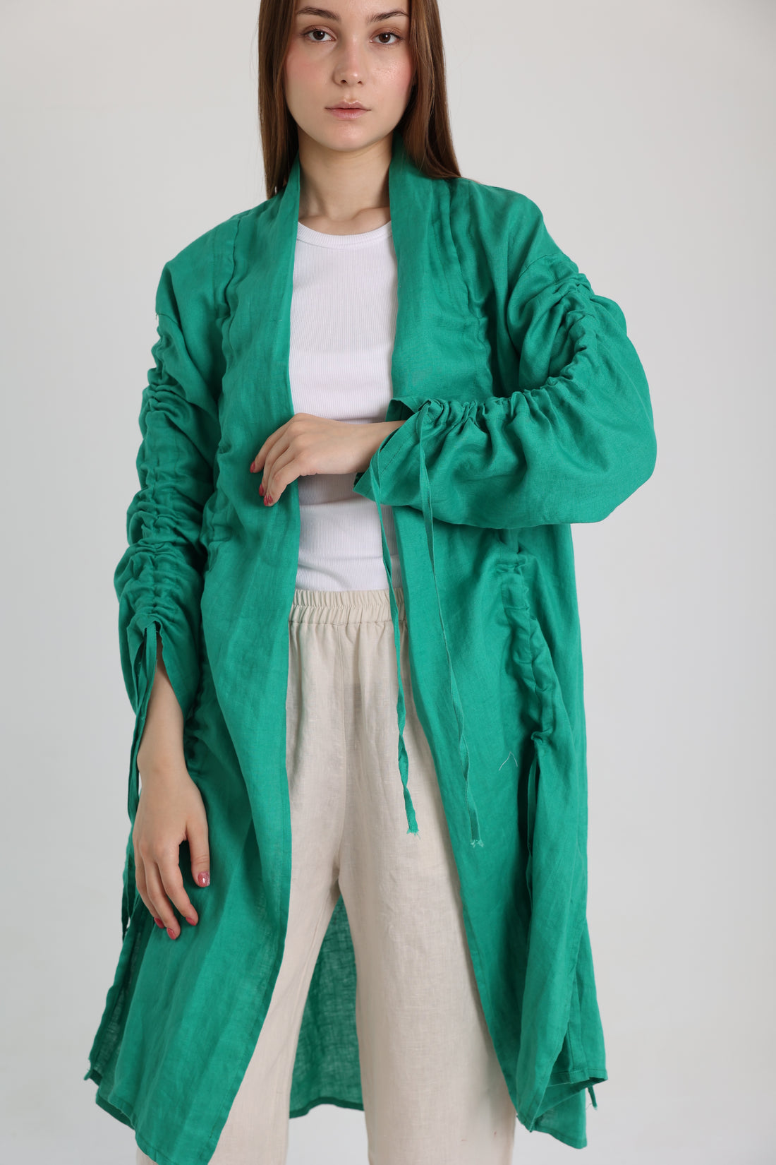 Green linen cardigan with belts