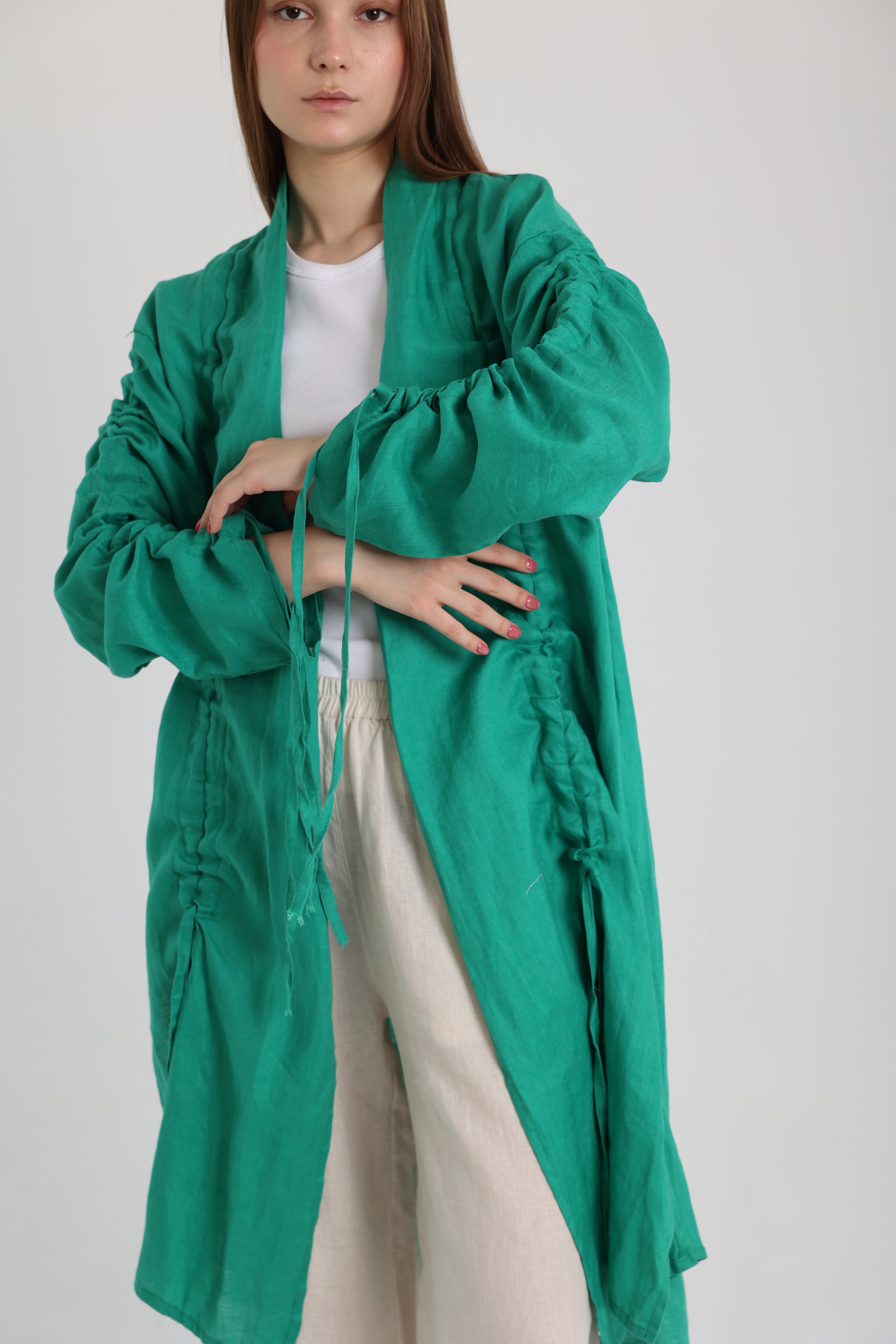 Green Linen Cardigan With Belts