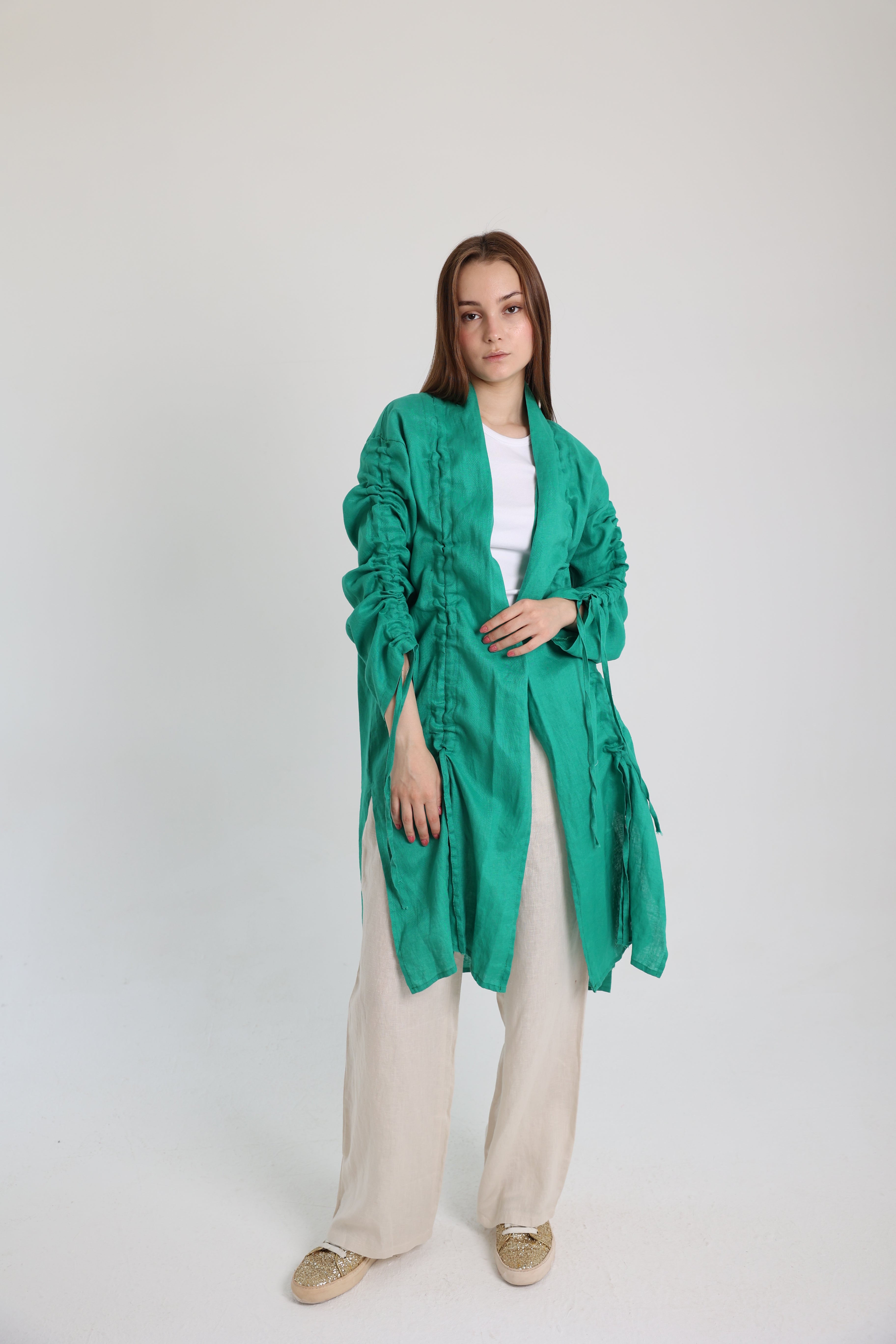Green Linen Cardigan With Belts