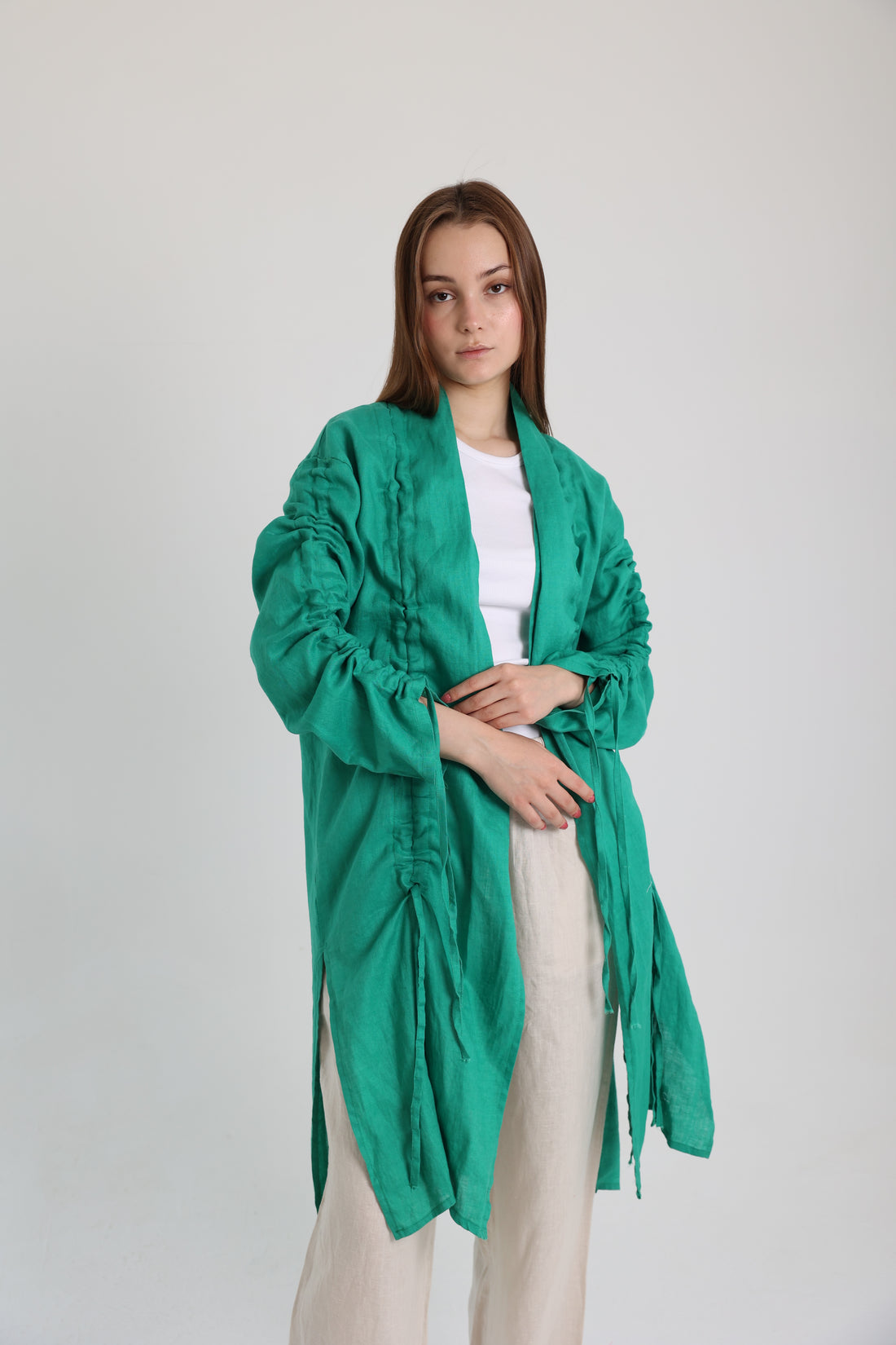 Green Linen Cardigan With Belts