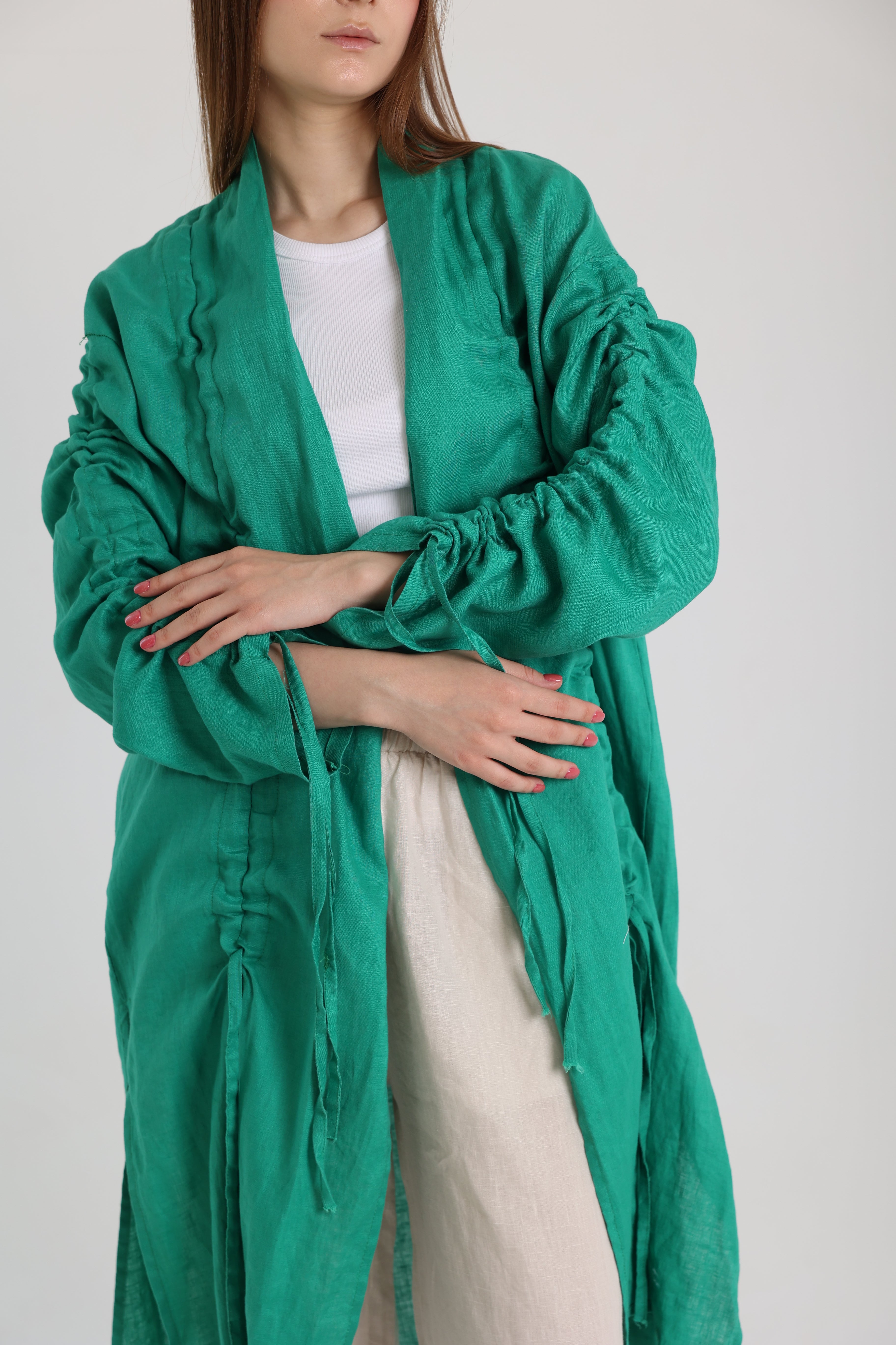 Green Linen Cardigan With Belts