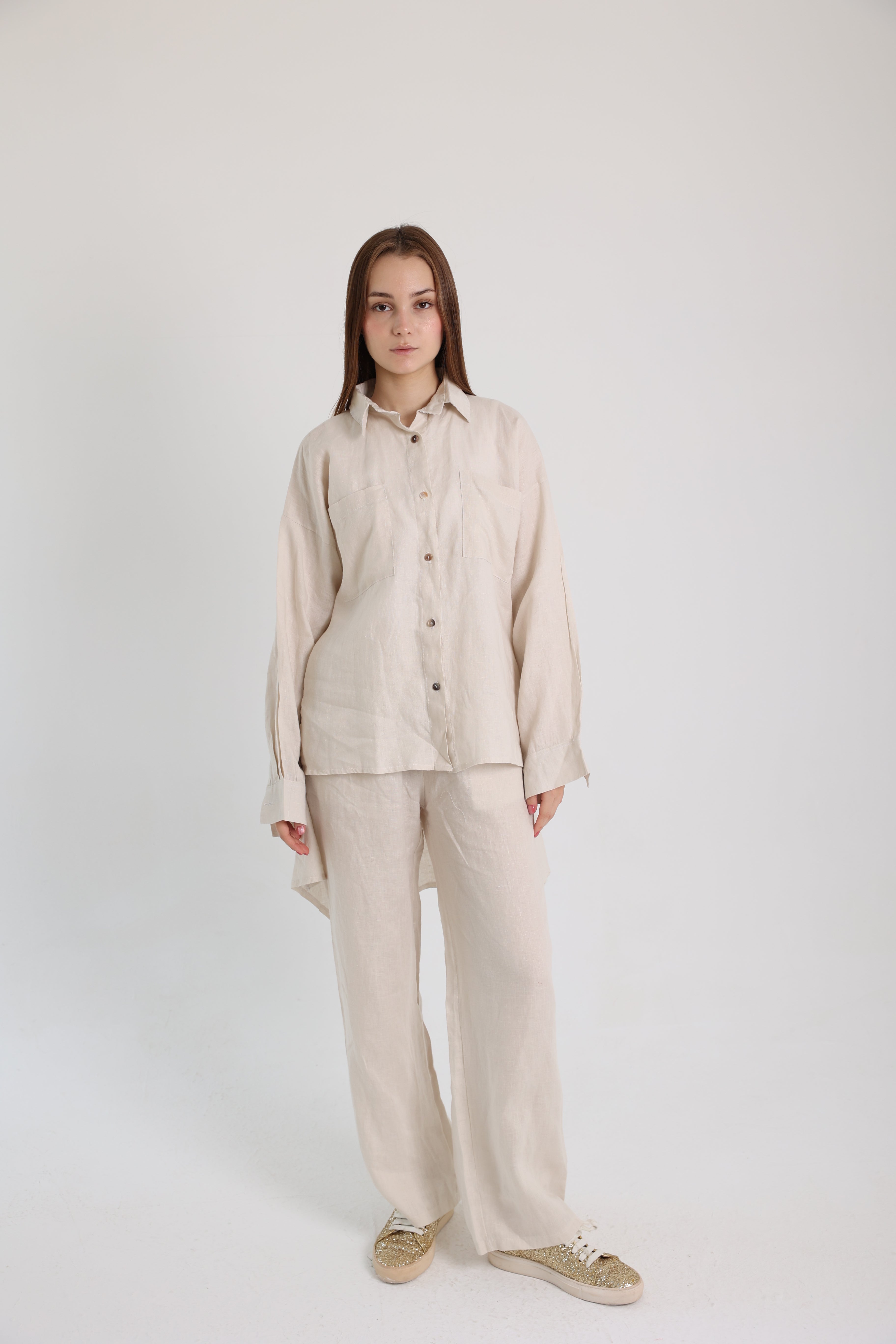 Beige High-Low Linen Shirt