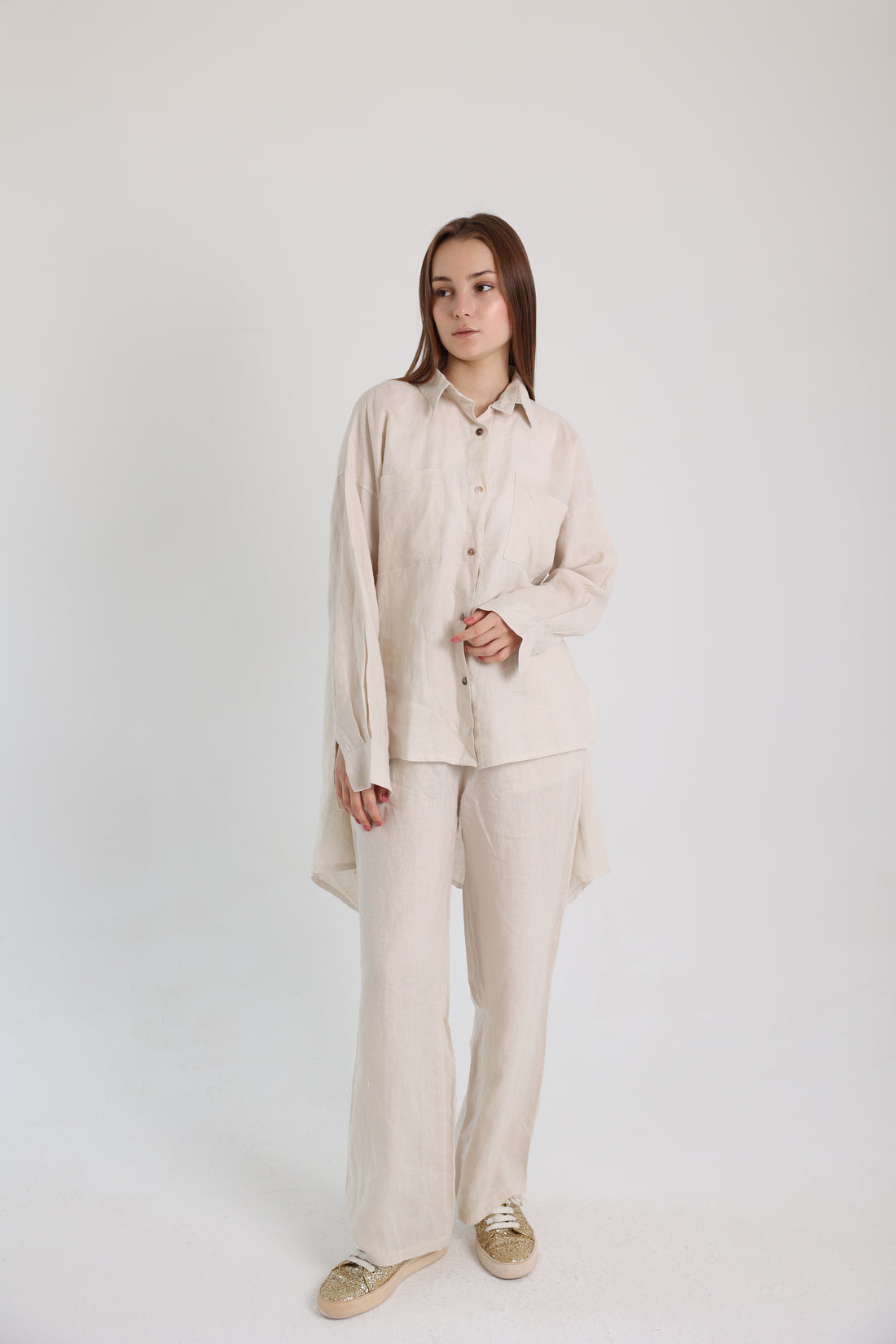 Beige High-Low Linen Shirt