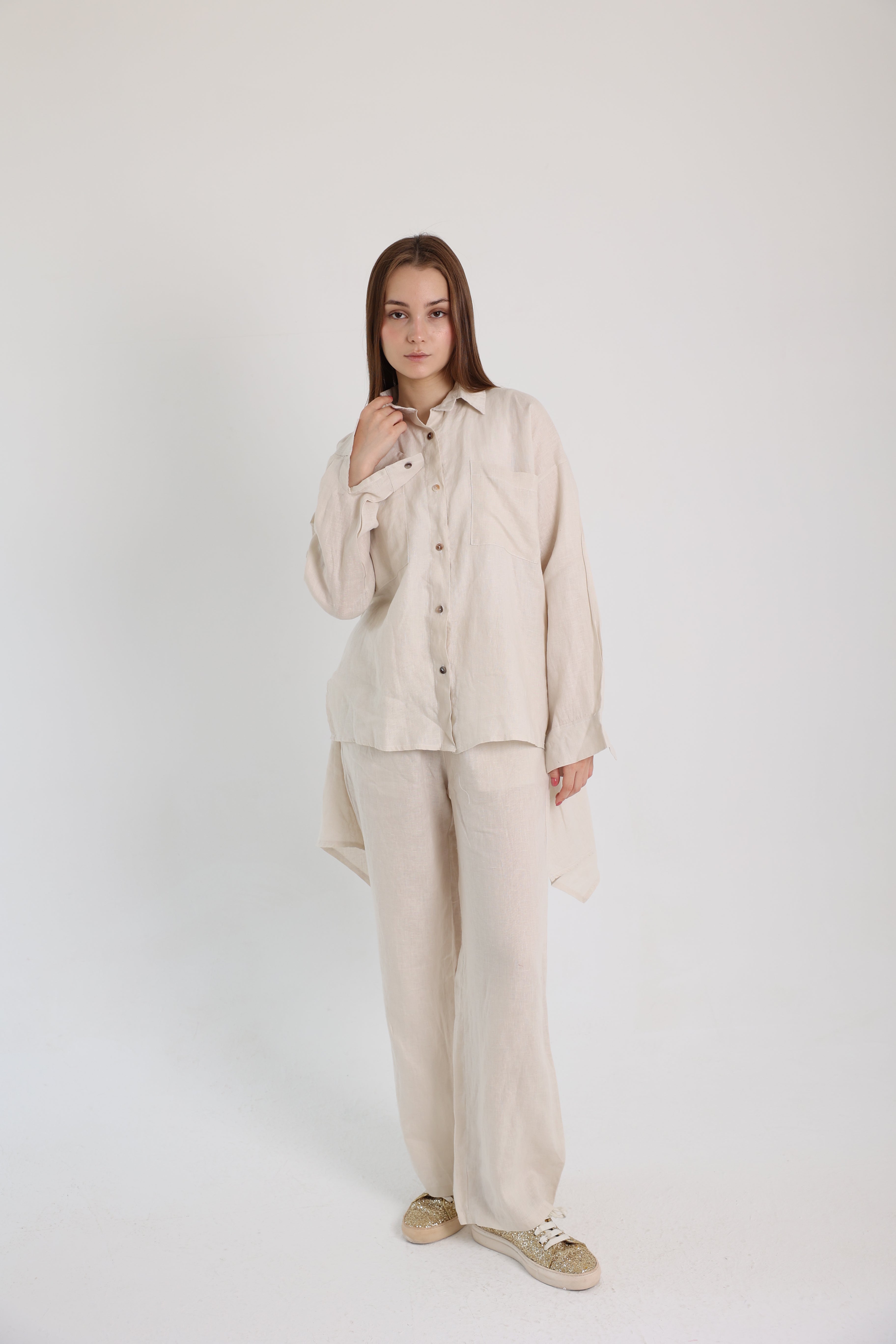 Beige High-Low Linen Shirt