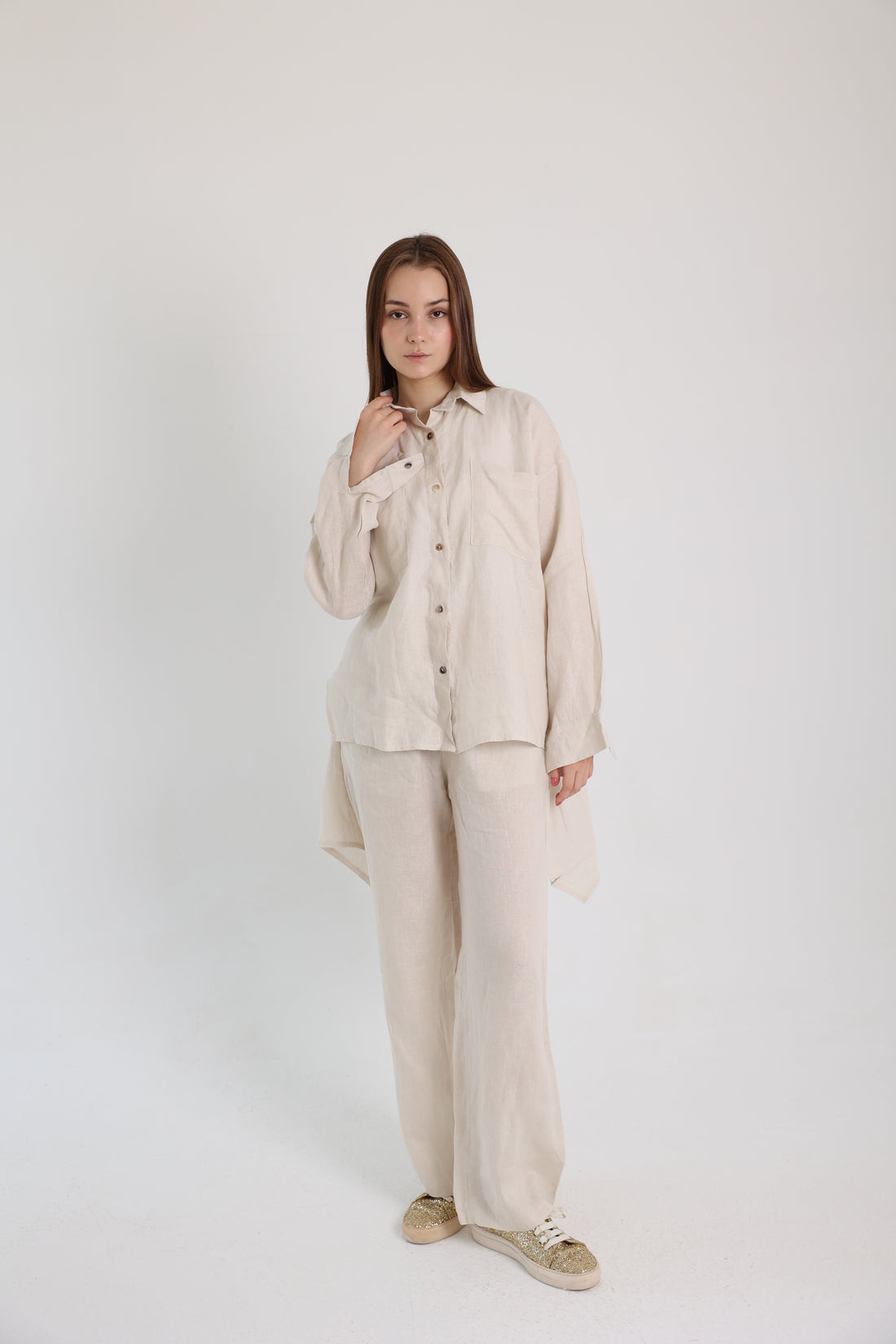 Beige High-Low Linen Shirt