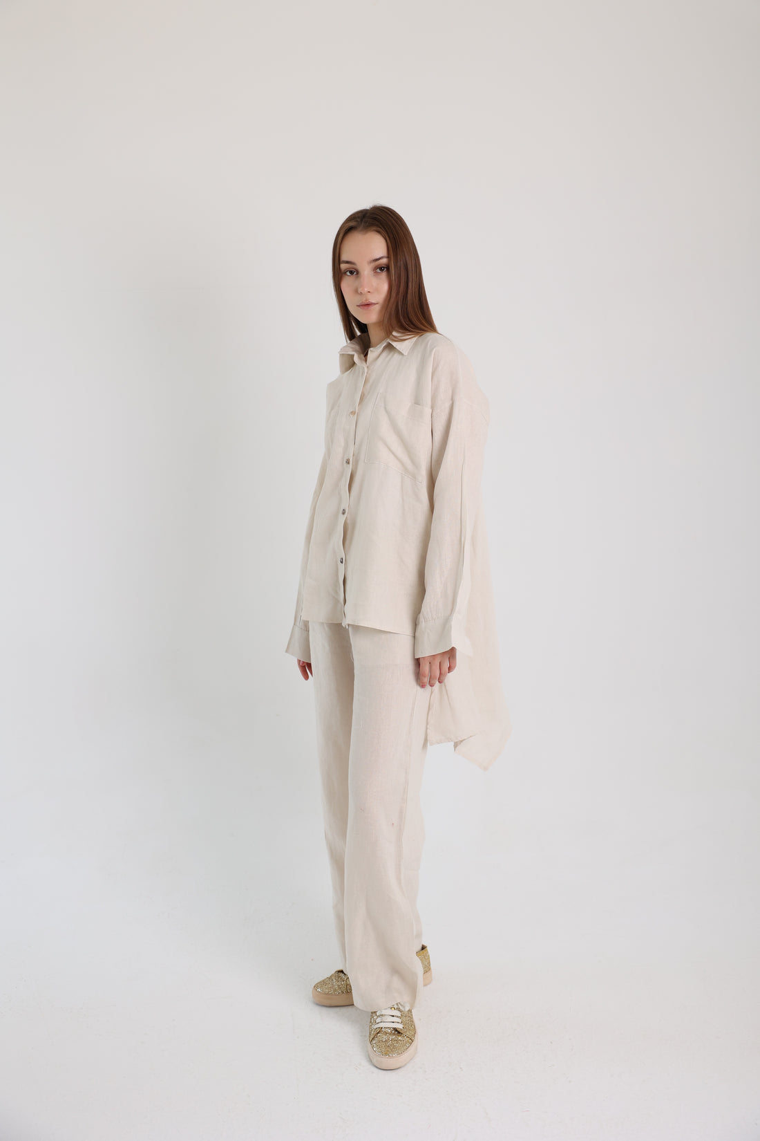Beige High-Low Linen Shirt
