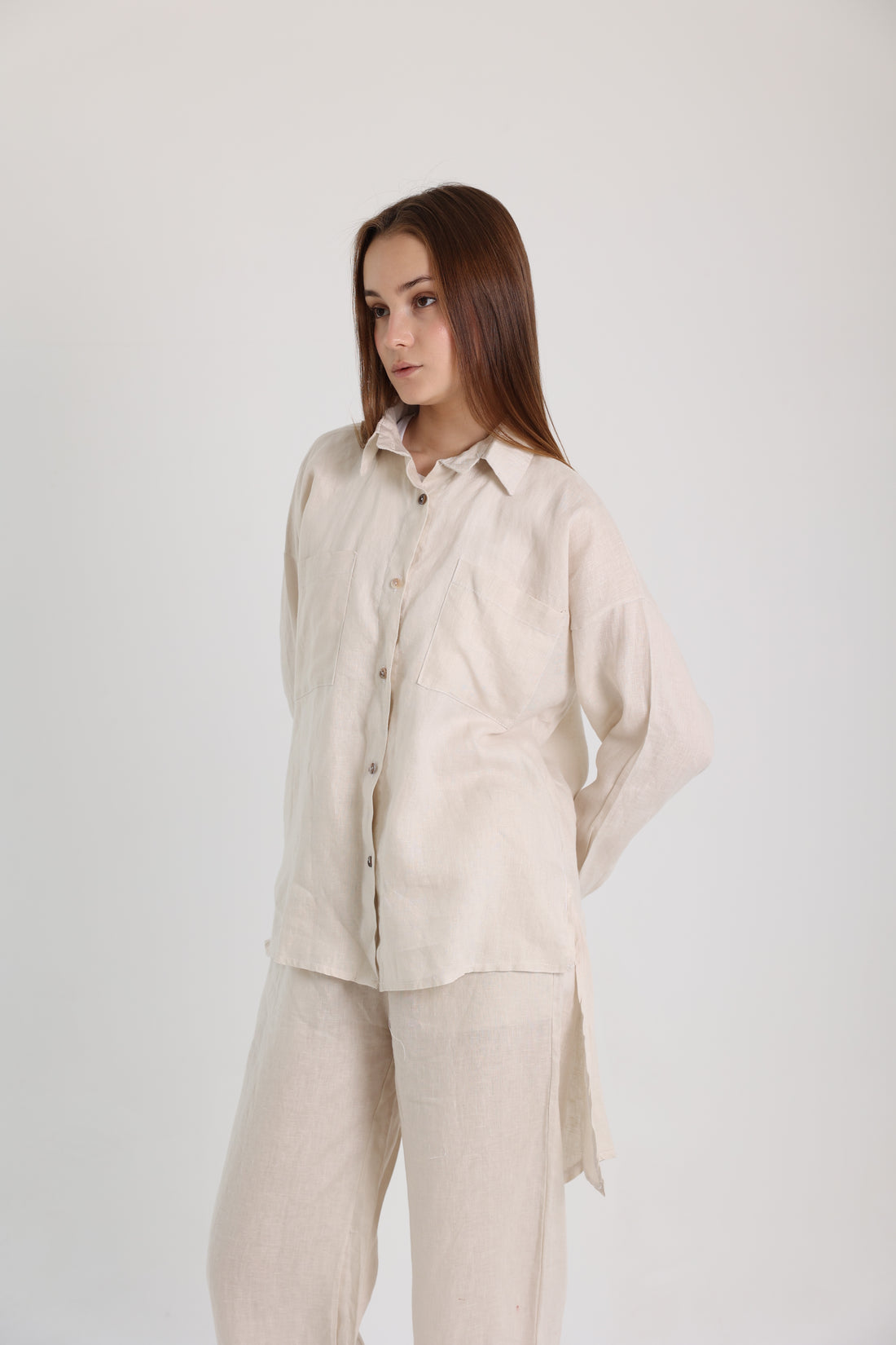 Beige High-Low Linen Shirt