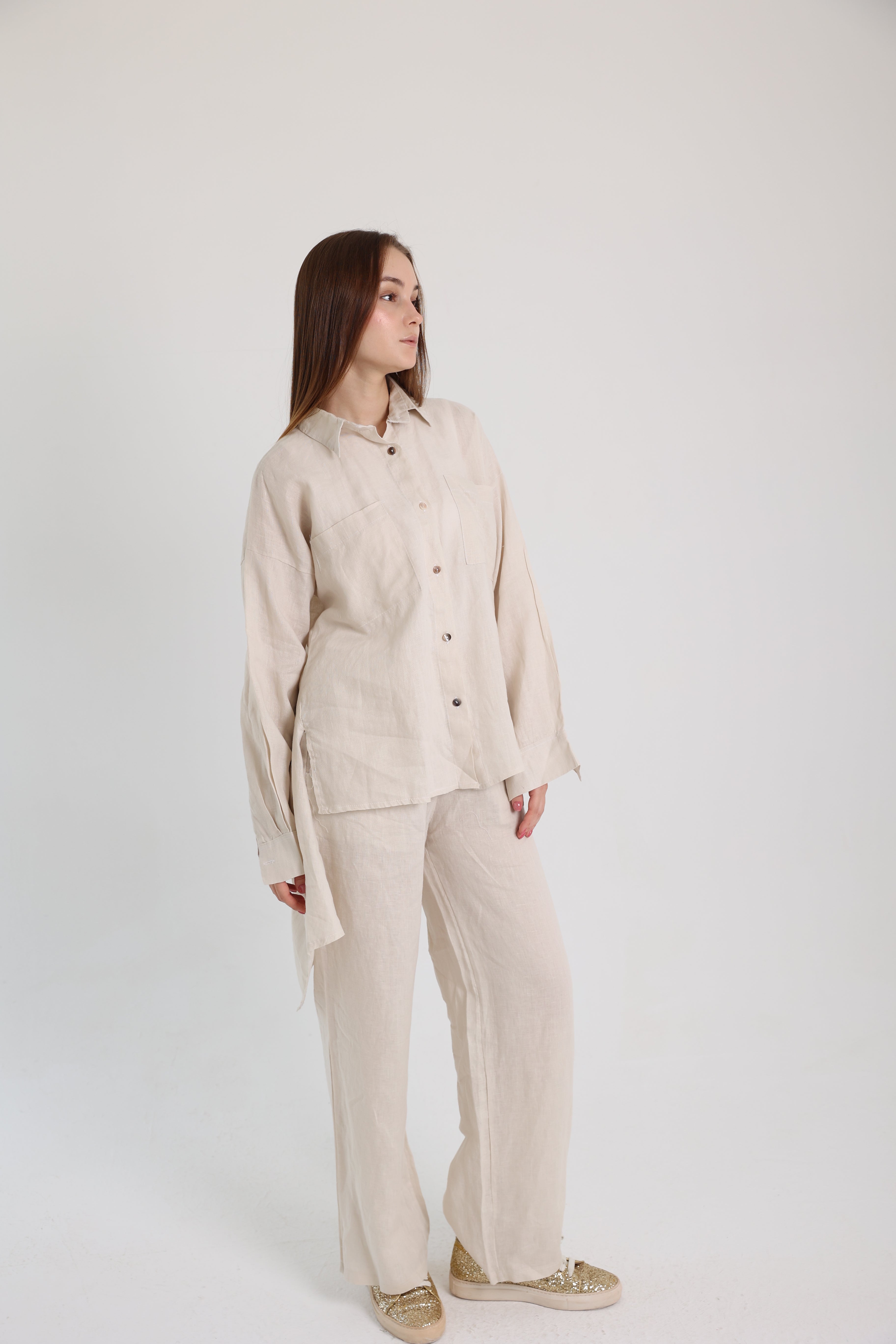 Beige High-Low Linen Shirt