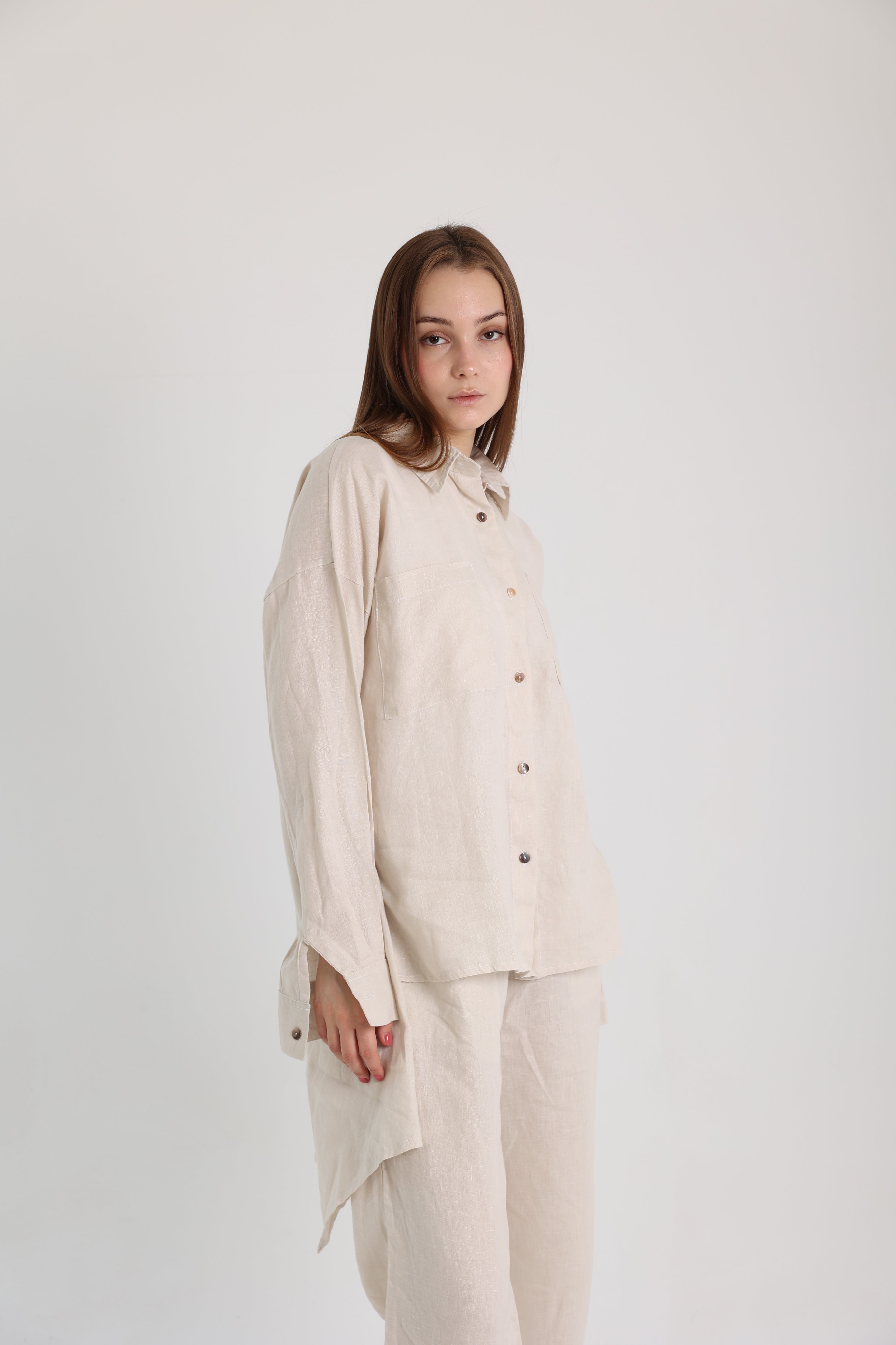 Beige High-Low Linen Shirt