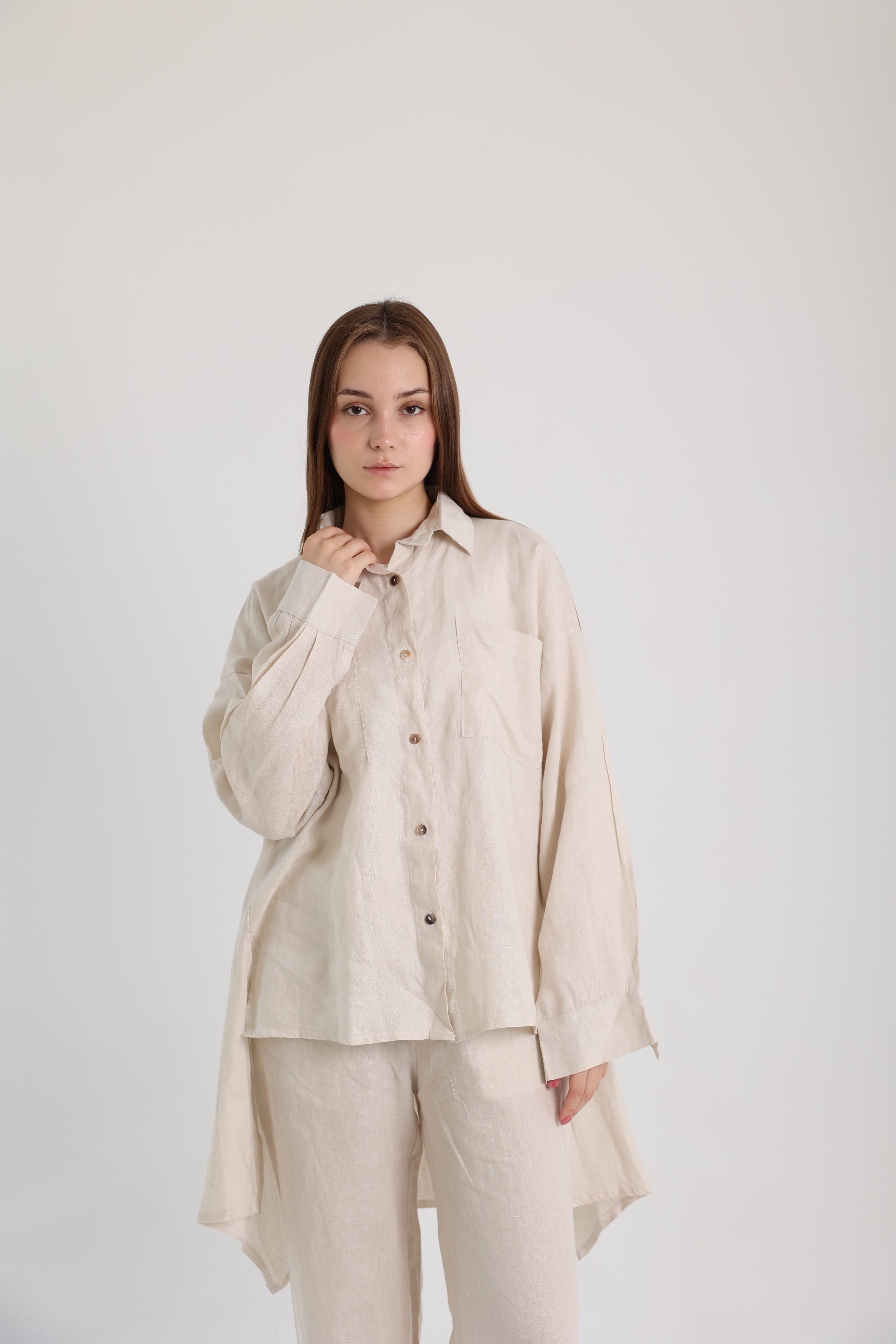 Beige High-Low Linen Shirt