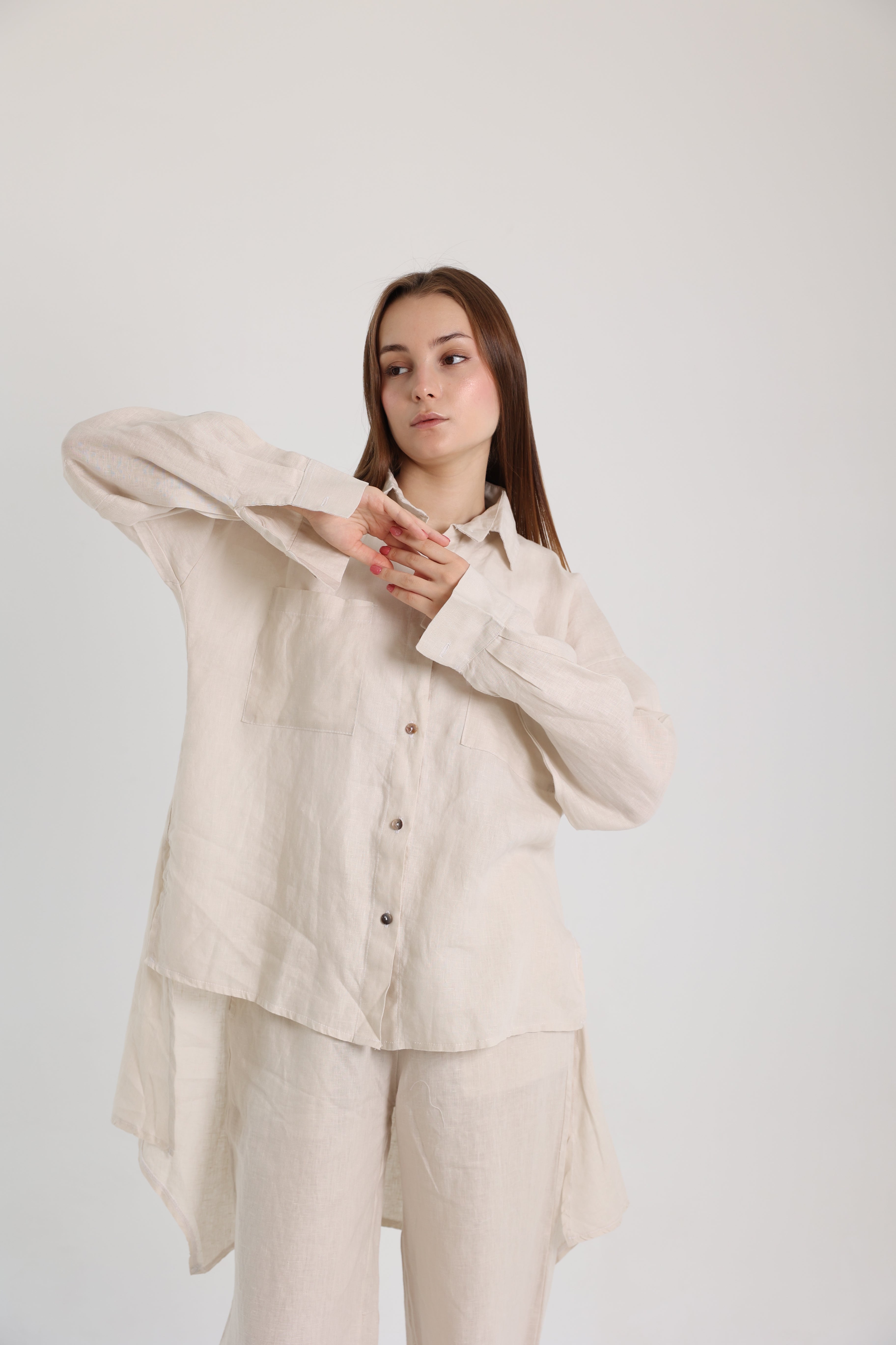 Beige High-Low Linen Shirt