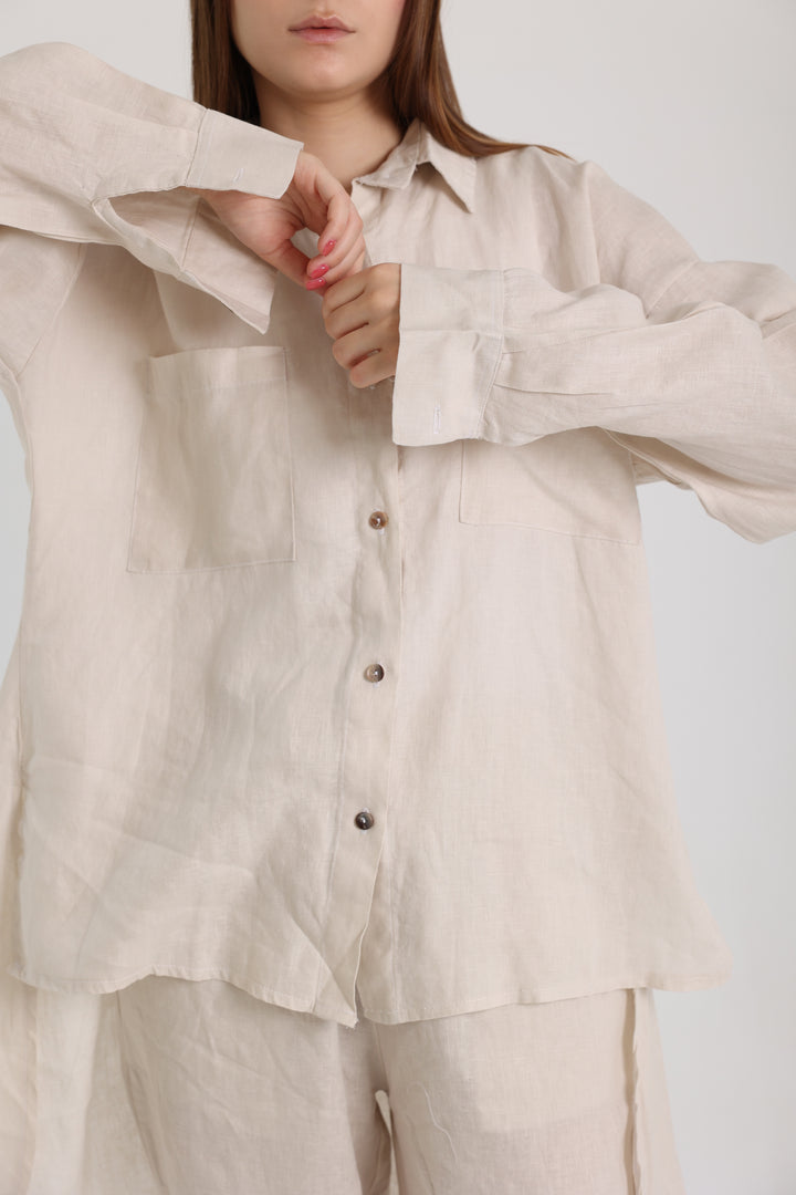 Beige High-Low Linen Shirt