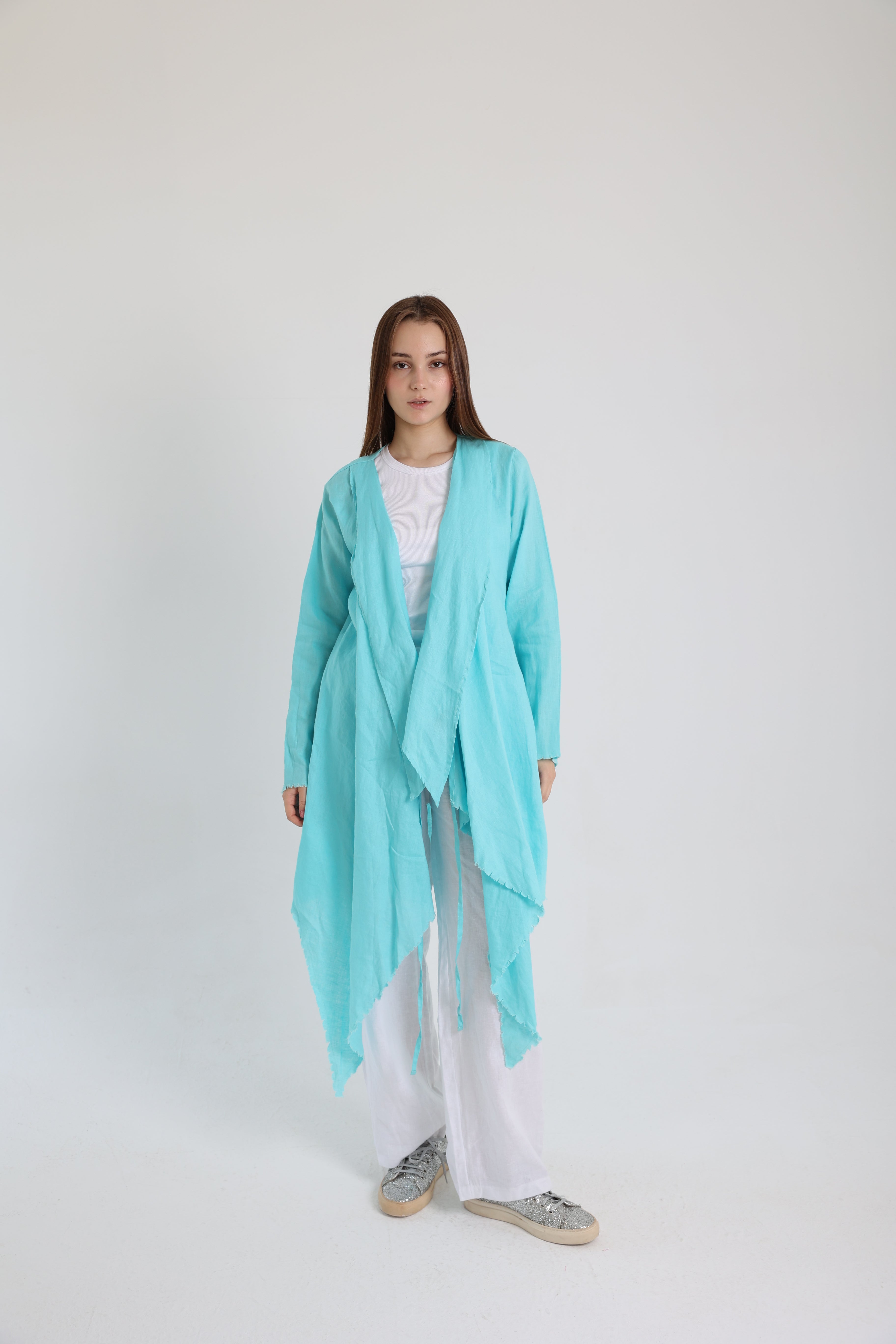 Turquoise croise linen cardigan