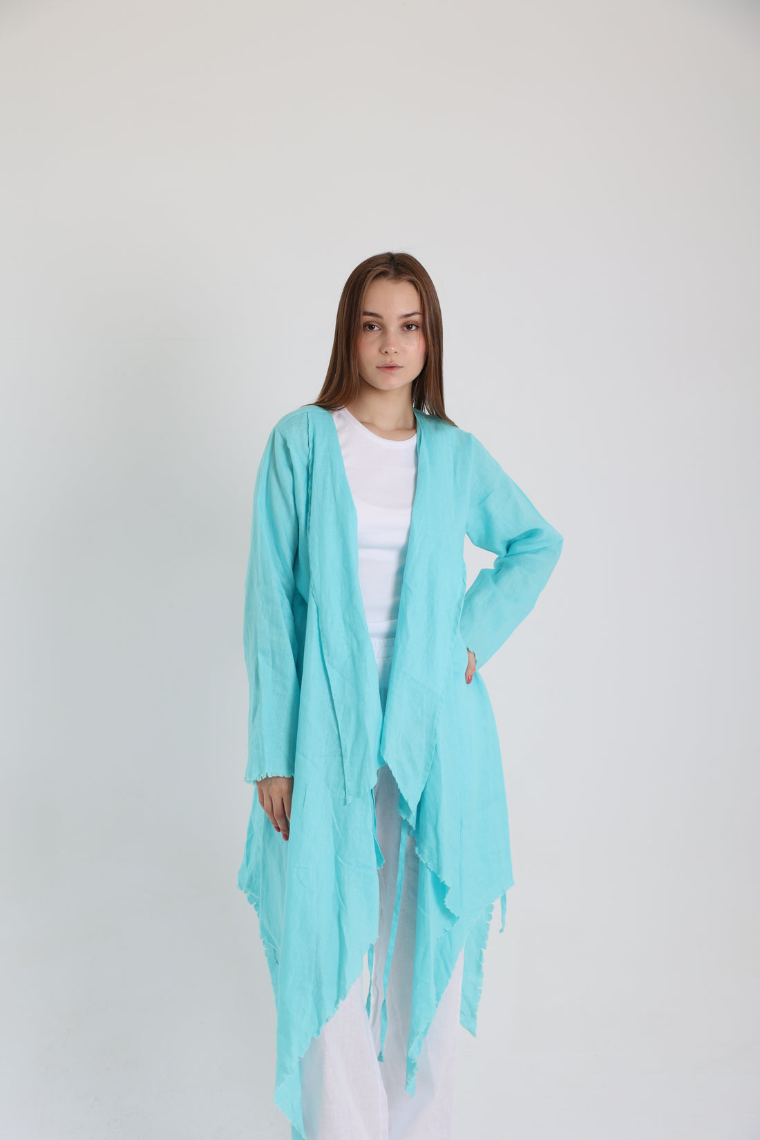 Turquoise croise linen cardigan