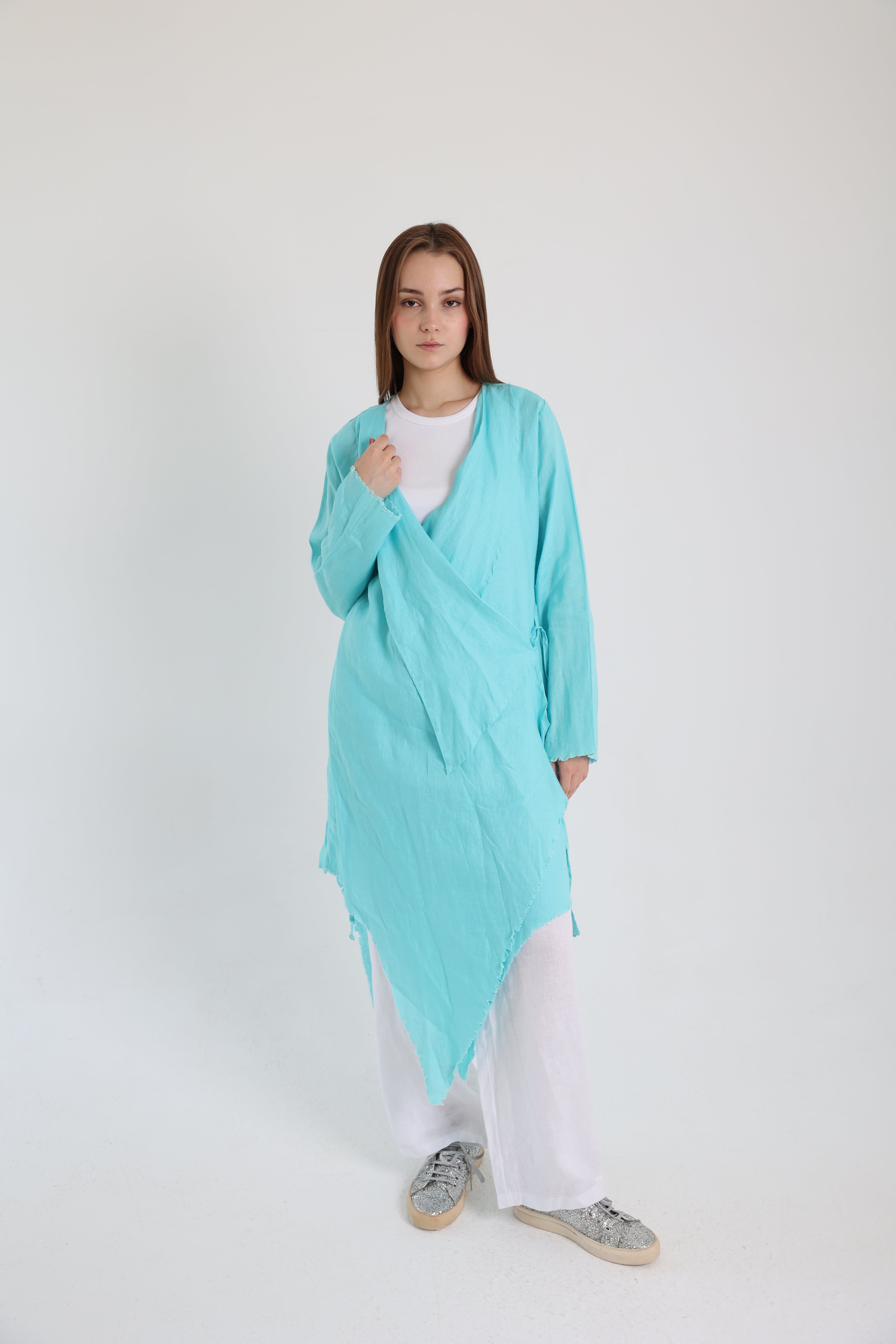 Turquoise croise linen cardigan
