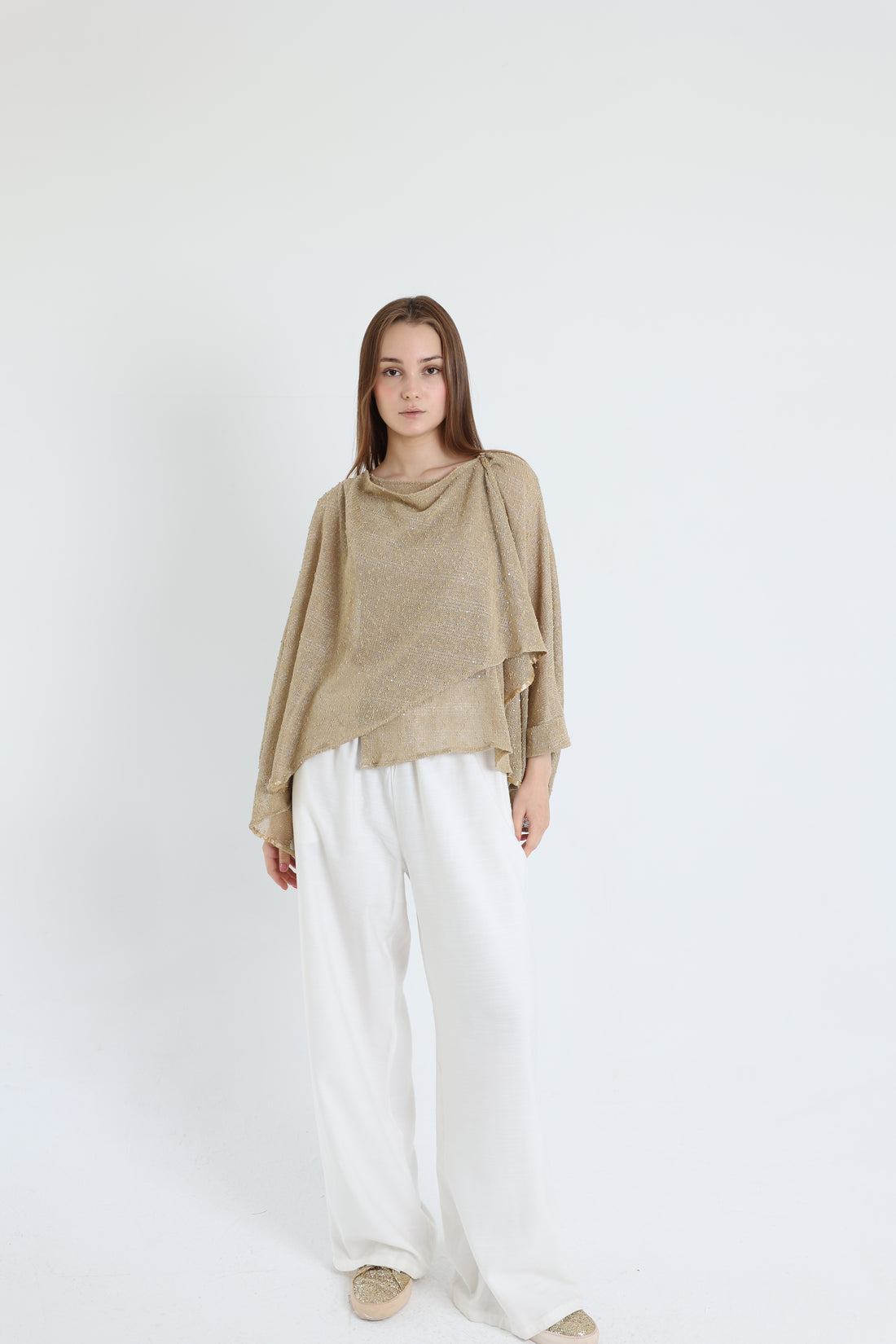Beige mesh shawl blouse