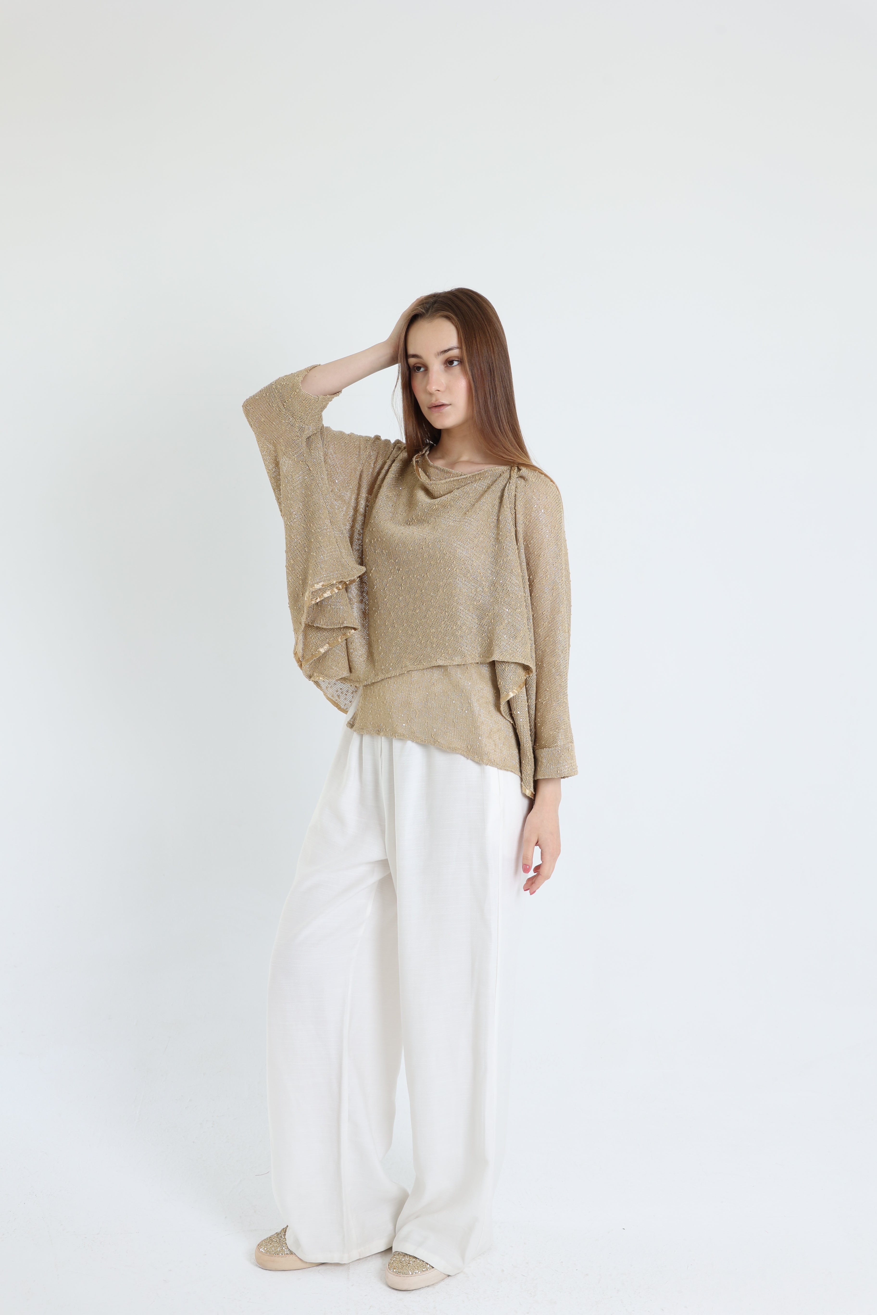 Beige mesh shawl blouse