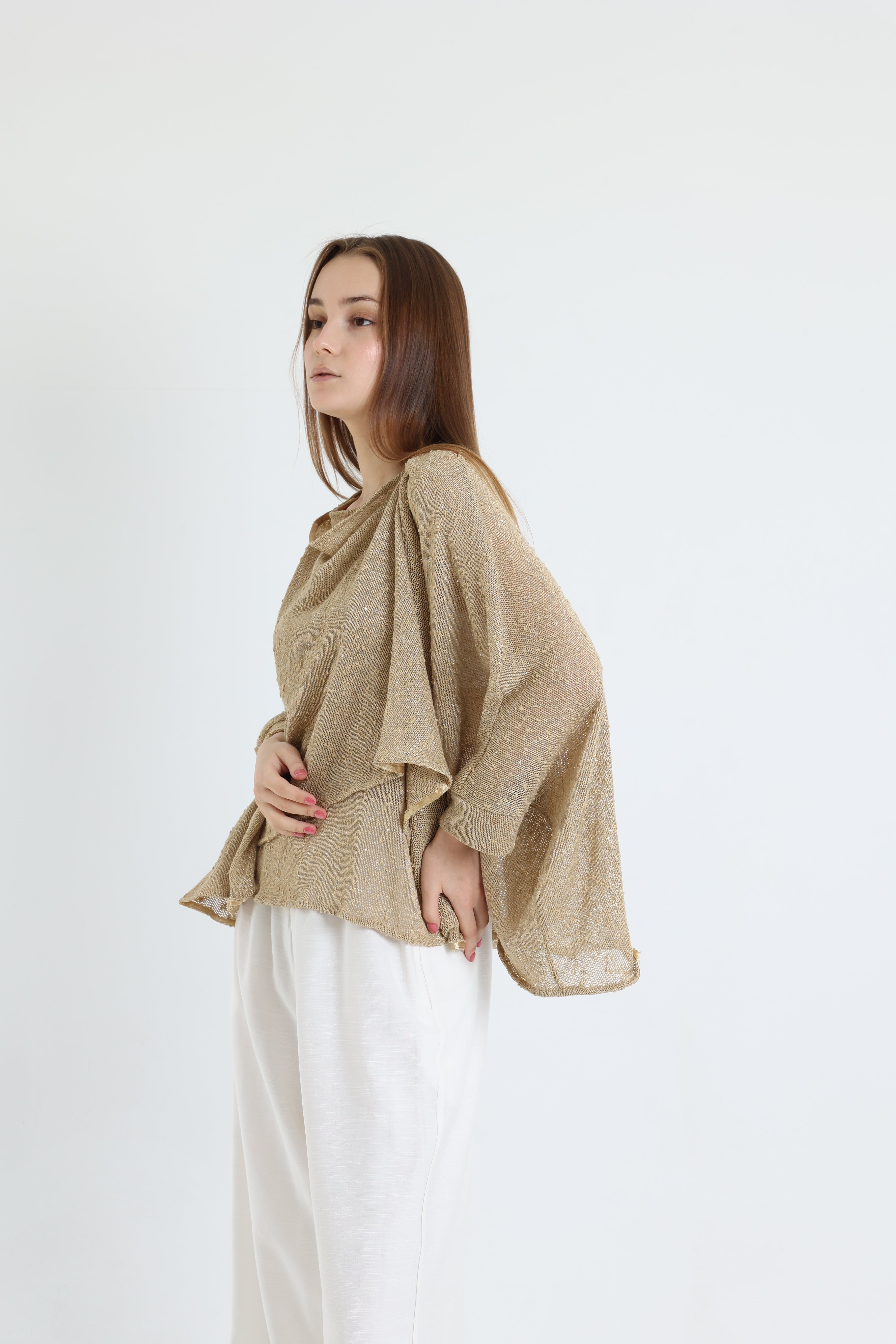 Beige mesh shawl blouse