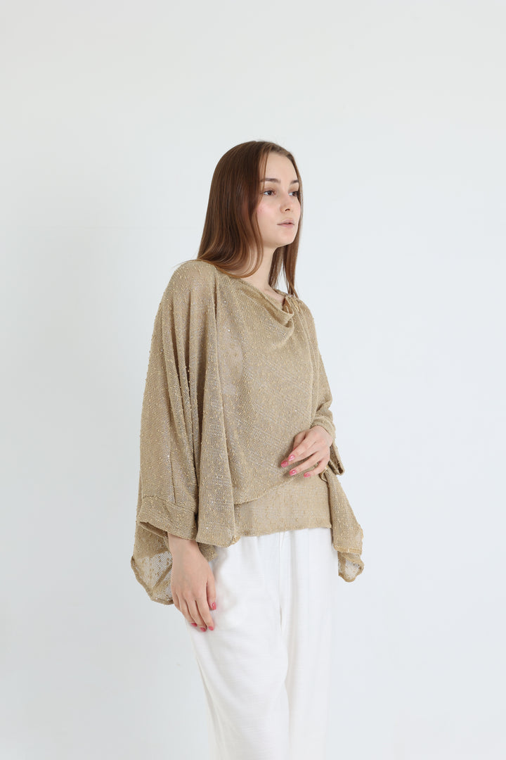 Beige mesh shawl blouse
