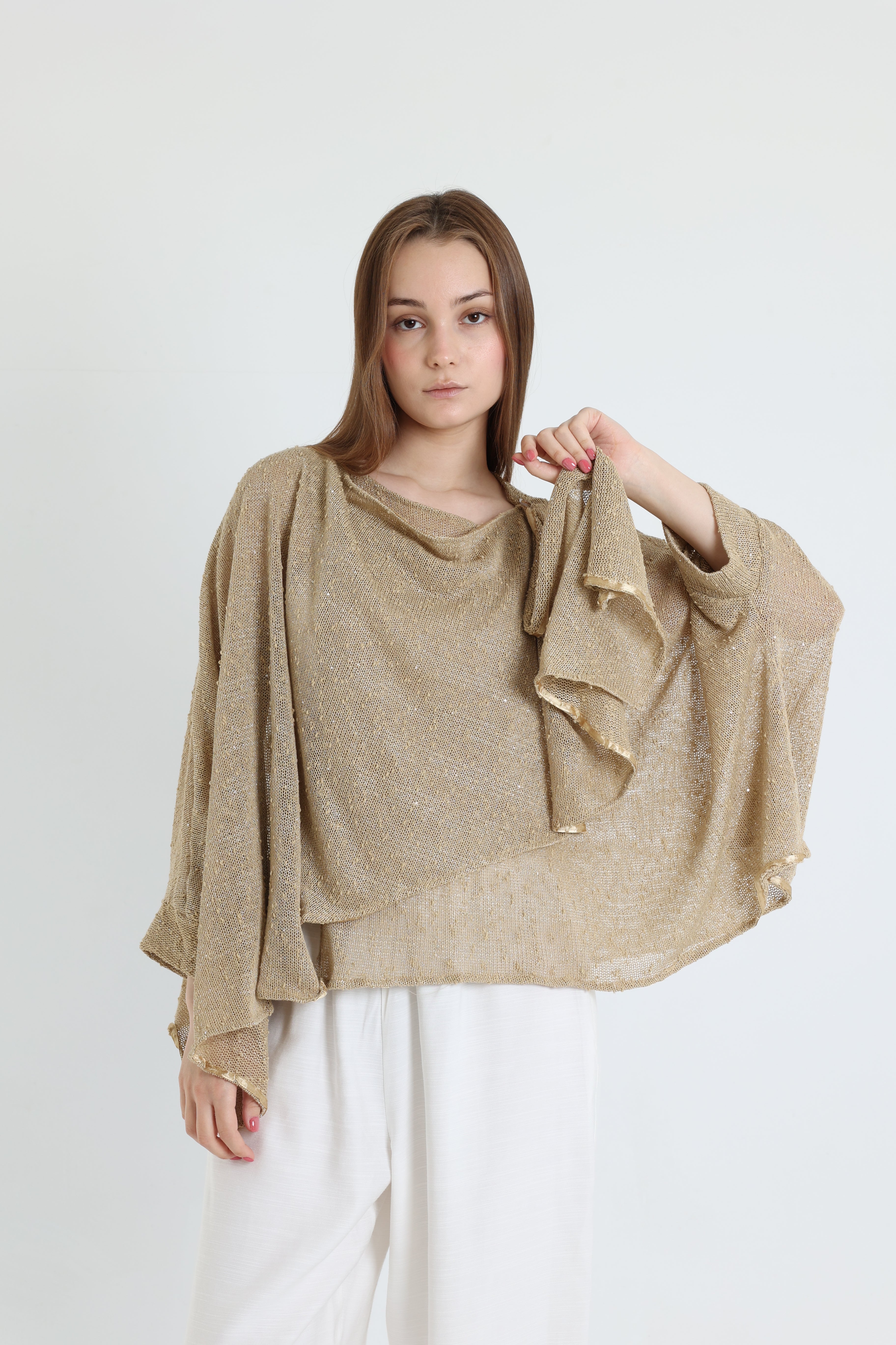 Beige mesh shawl blouse
