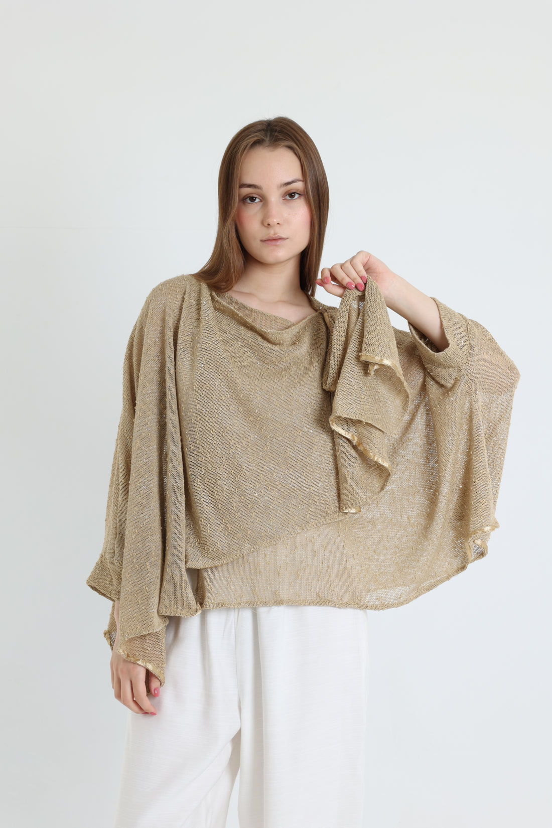 Beige mesh shawl blouse