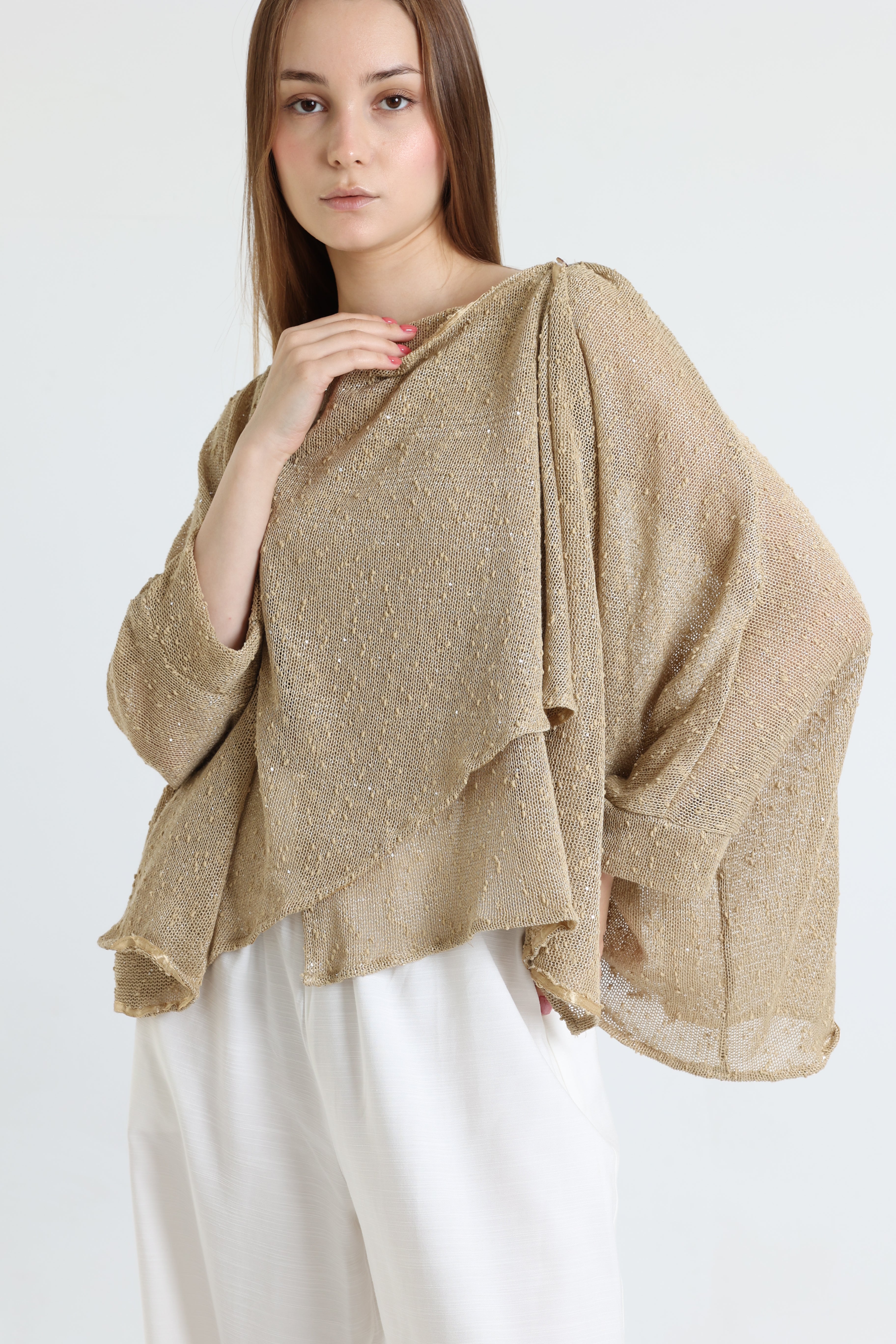Beige mesh shawl blouse